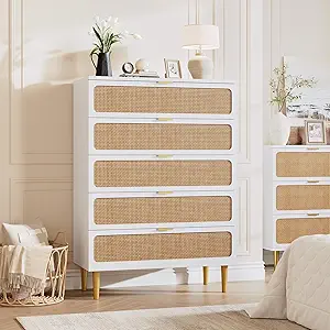 GarveeHome Rattan 5 Drawer Dressers for Bedroom, Tall Dresser with Deep Drawers, Large Chest of Drawers for Closet with Wide Top, Long Wooden Dresser for Living Room, Hallway, Kids Room, White