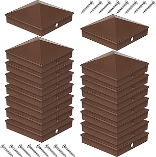 Therwen 16 Pcs (Brown,for 4'' x 4'' Nominal,Actual 3.5'' x 3.5'') Fence Post Caps Aluminum Metal Pyramid Deck Post Top Cover for Wood Fence Deck Mailbox Patio Lamp Dock