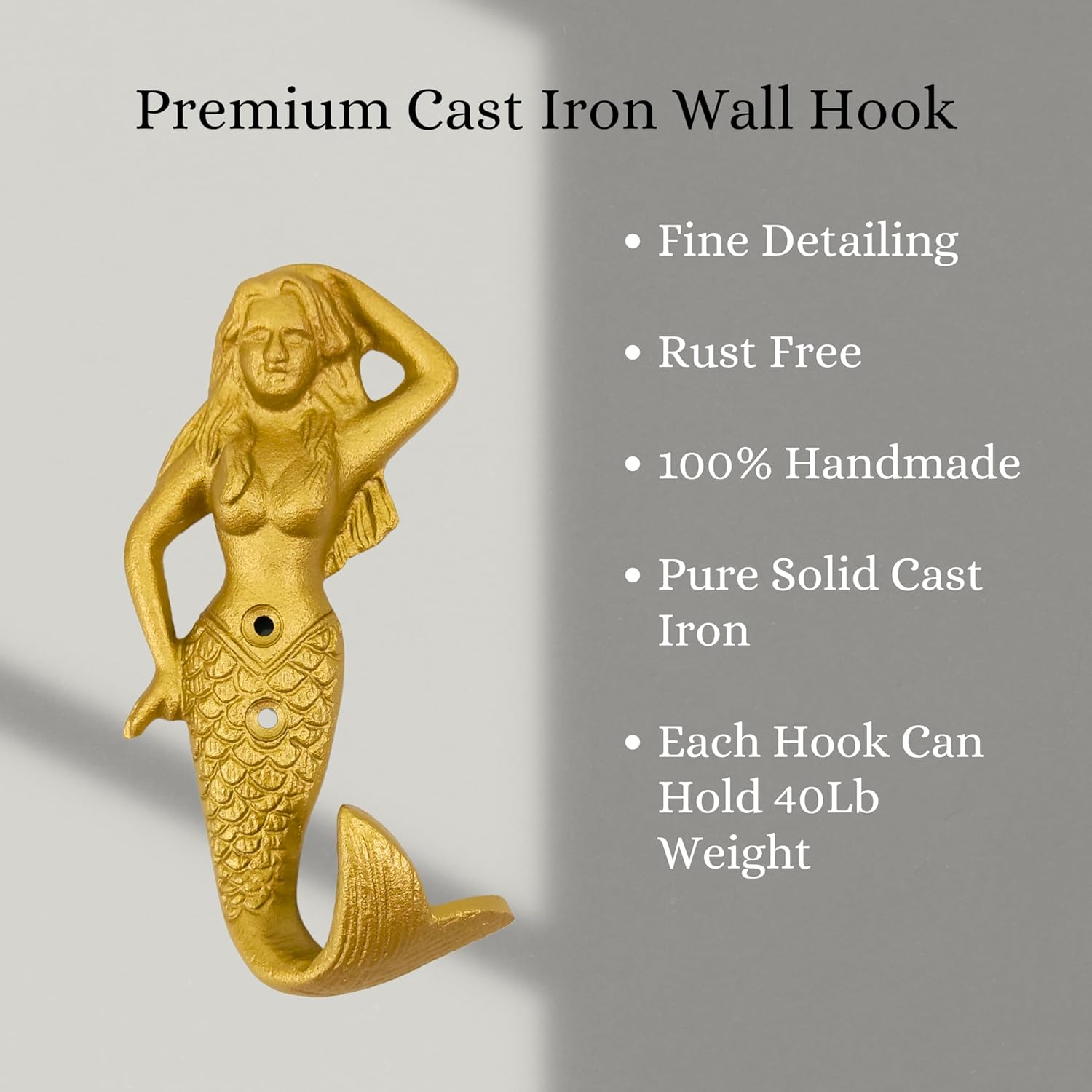 Set of 2 Cast Iron Mermaid Coat Hooks Wall Art Decor-Mermaid Hangers and Key Holder-Clothes Rack and Backpack Hanger-Coat Hooks Home Decor for Storage, Living Room, Hallway, Office (Gold)