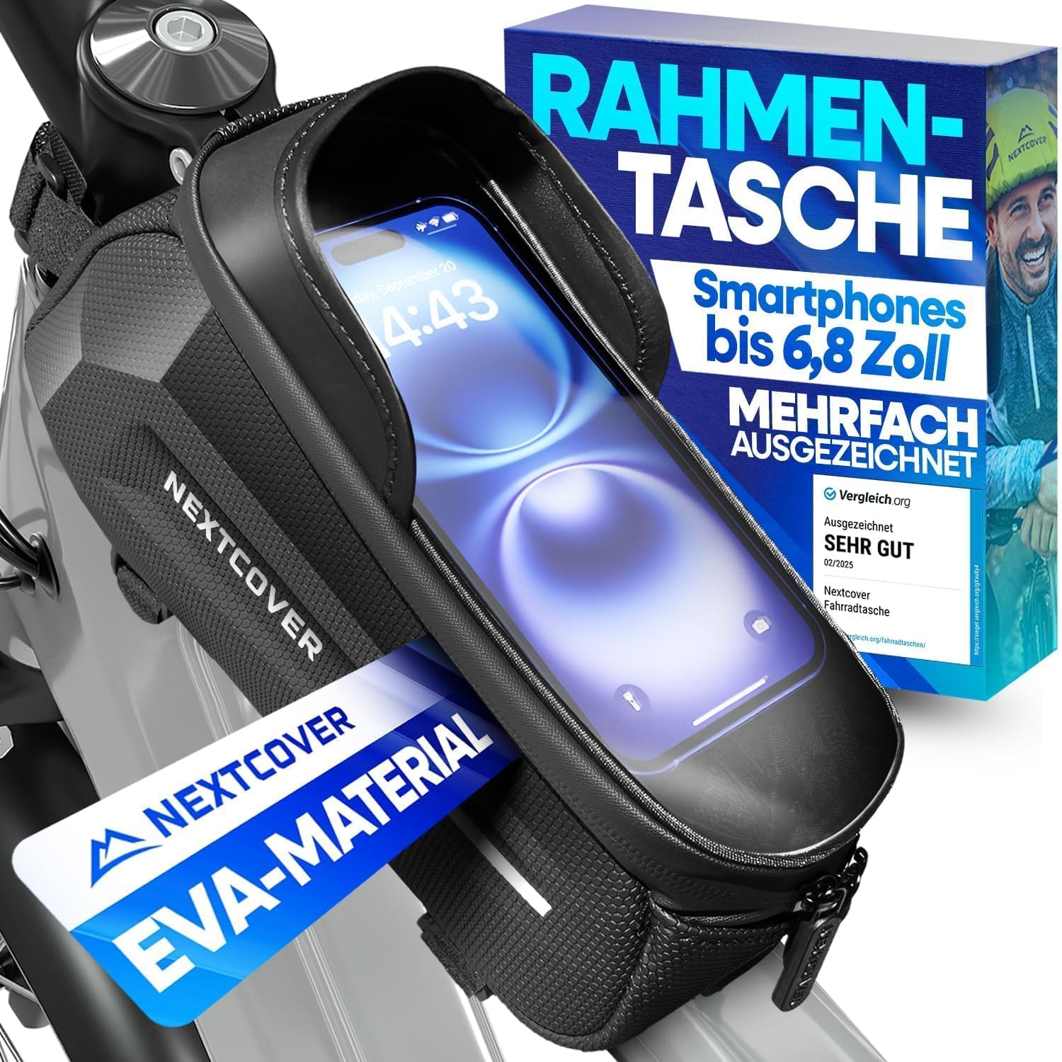 Nextcover® Rahmentasche Fahrrad mit Handytasche I Fahrrad Rahmentasche mit Touchscreen I Fahrradtasche Rahmen Wasserdicht, Oberrohrtasche Bikepacking - Ideal für E-Bike, MTB, Gravelbike, Rennrad