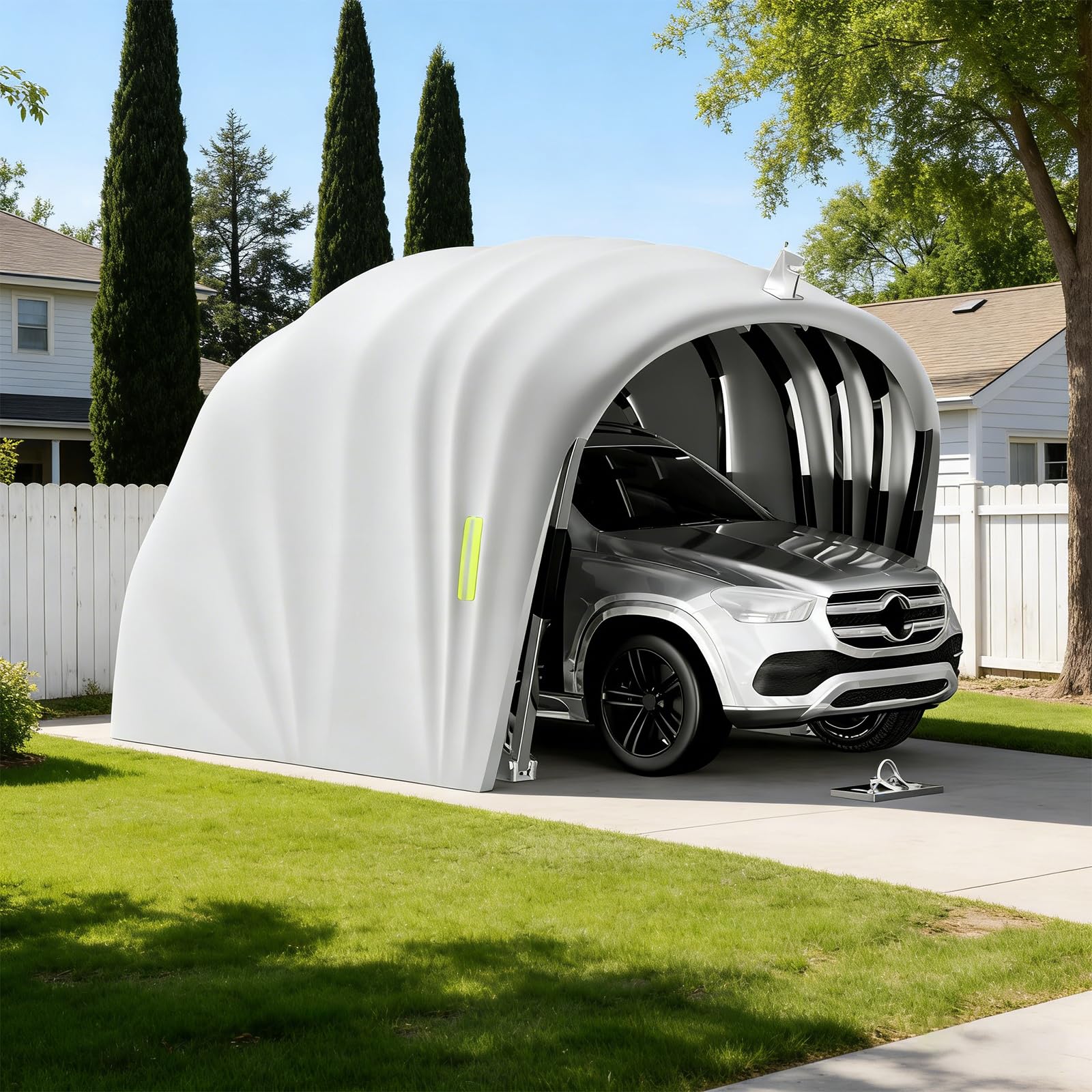 Abri de Voiture Semi-Automatique Pliable en Acier Inoxydable, Garage Mobile Extérieur L 5,9 × H 2.45 × W 2,7m, Carport Imperméable Anti-UV avec Verrou au Sol, Gris, pour Voitures SUV
