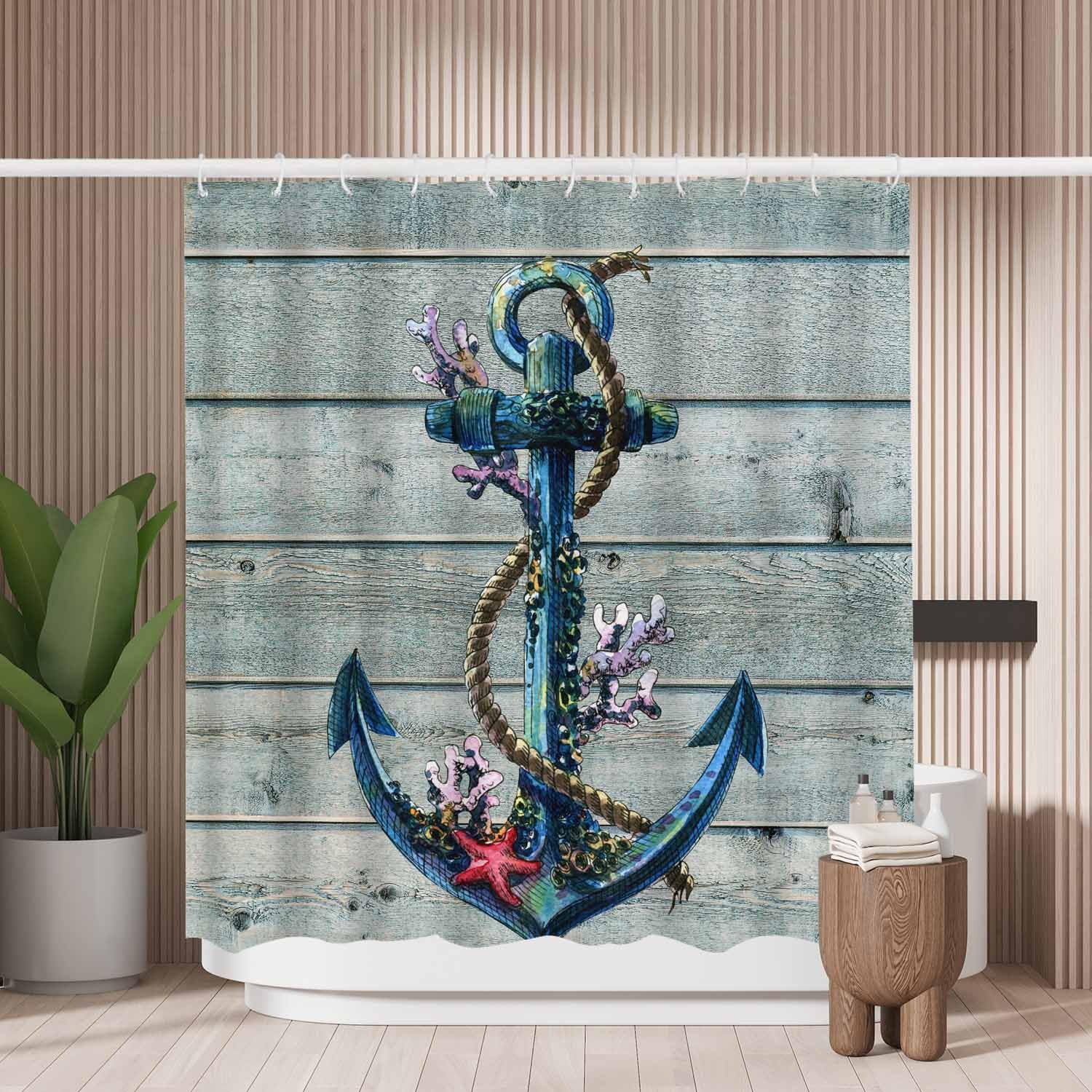 Woutay A247 Shower Curtain Mould Proof Resistant Retro Anchor,Water Repellant Fabric,Polyester,Size 180X180cm