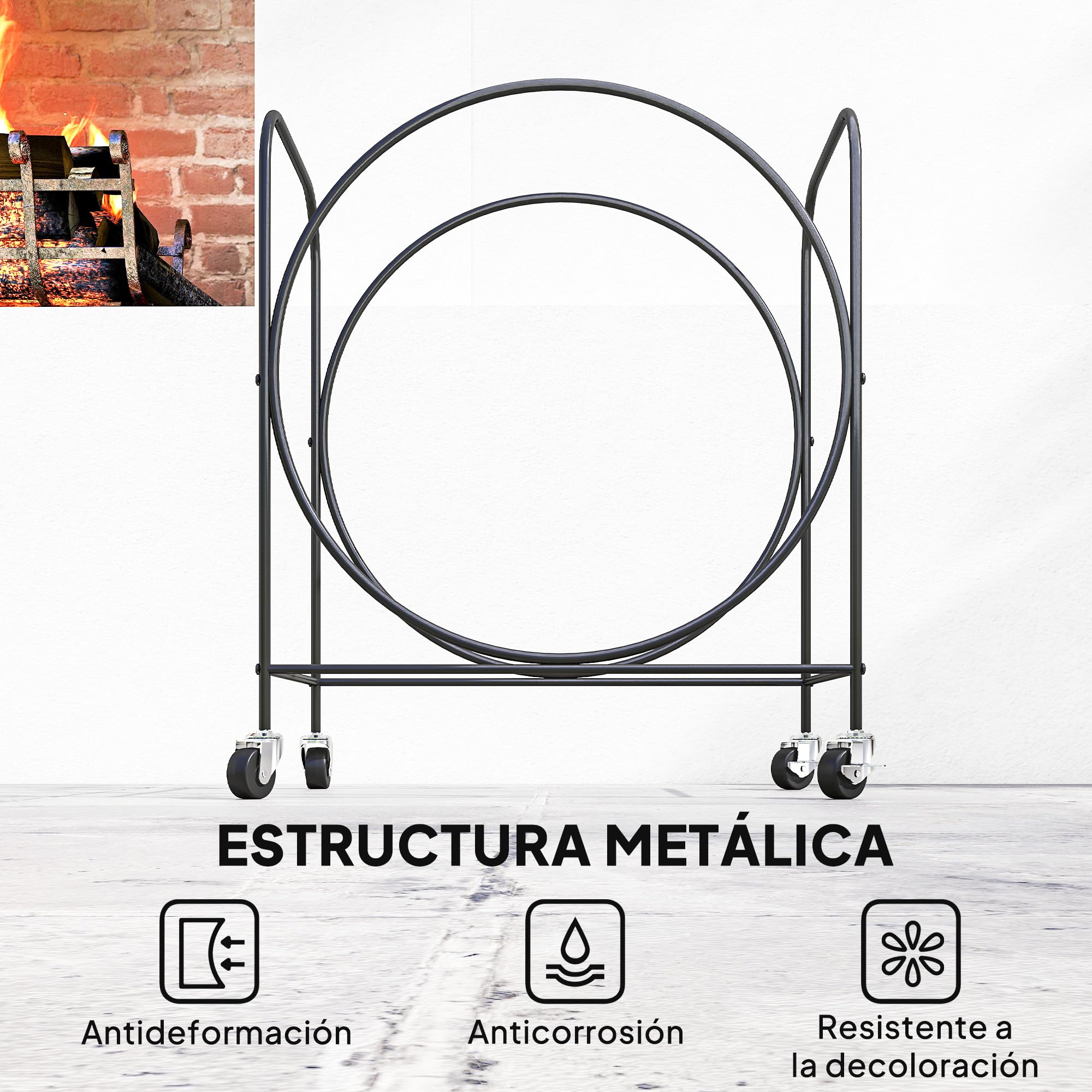 Outsunny Estante de Leña de Metal con Ruedas, Leñero Exterior e Interior, Soporte para Leña de Chimenea, Almacenamiento para Madera, 51x30x60 cm, Negro