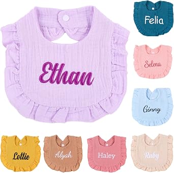 Van Fan & Shi Personalized Embroidered Baby Bib pure Cotton Muslin with Name, Customed Monogrammed Baby Girl Soft Bib for Girl, Ruffle Bibs Gift Baby Shower Birthday Easter