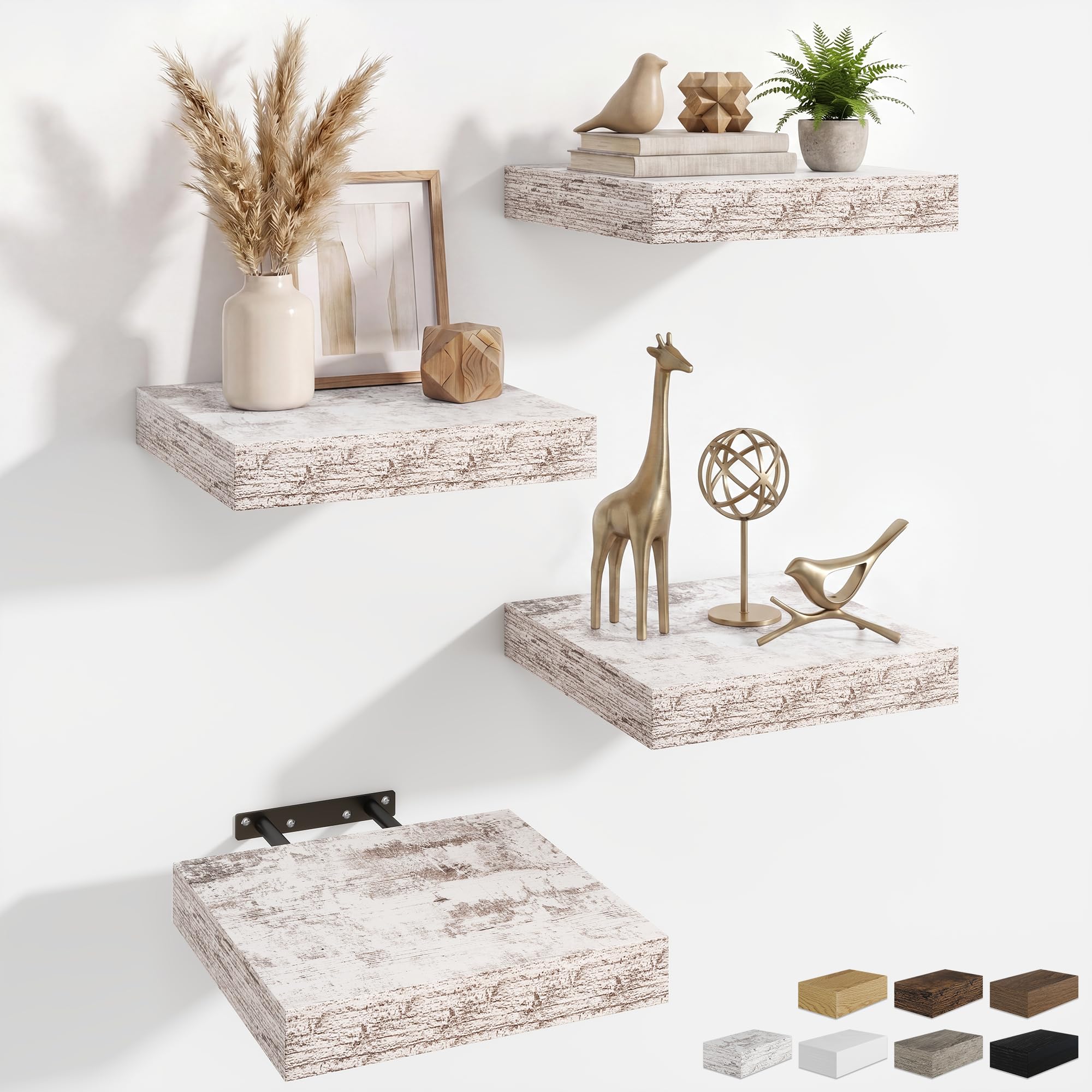 RICHFOCUS 8Inch Square Floating Shelves for Wall 4Pack|Rustic White