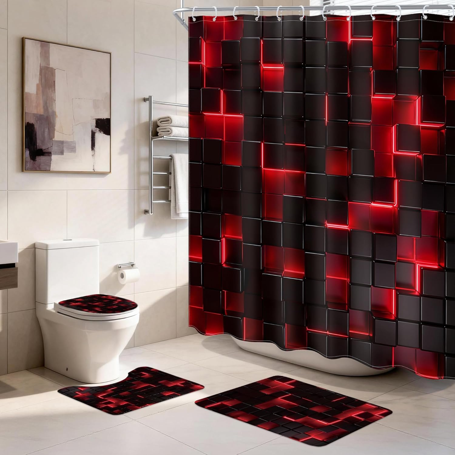 4 PCS Purple Bathroom Set with Shower Curtain and Rugs 72Wx72H Inch Black Abstract 3D Cubes Modern Cool Non-Slip Bath Rug Toilet Lid Cover and U Shape Mat Accessories 12 Hooks Bathoom Decor