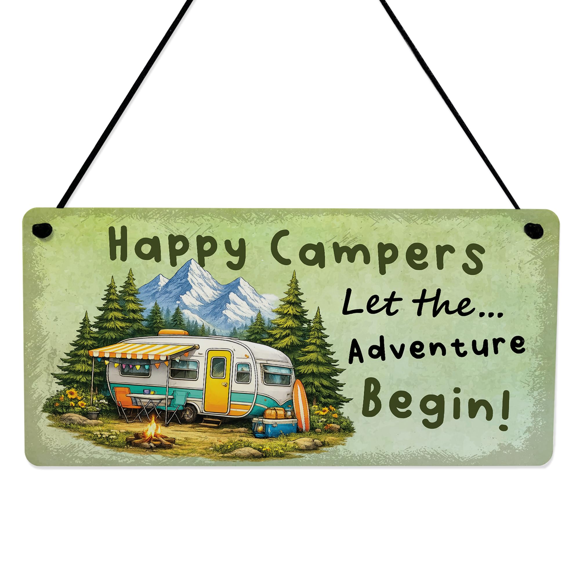Red Ocean Happy Campers Caravan Sign, Let The Adventure Begin Plaque, Campervan Hanging Sign, Caravan Decor Gift, Camping Sign for Caravanning Door, Outdoor Garden Camper Sign