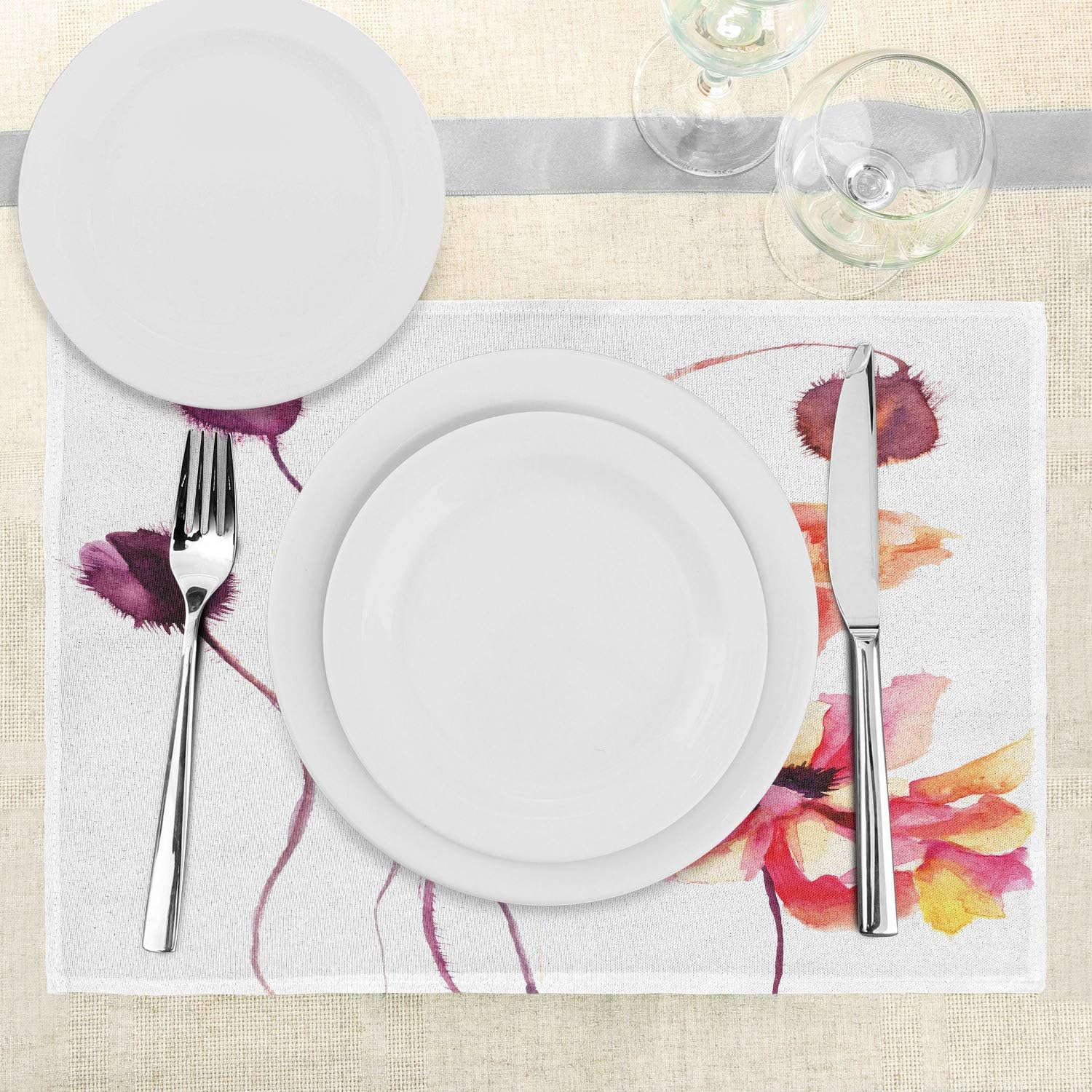 Ambesonne Floral Place Mats Set of 4, Watercolor Painting Poppy Flowers and Buds Spring Nature Design, Washable Fabric Placemats for Dining Table, Standard Size, Dark Brown