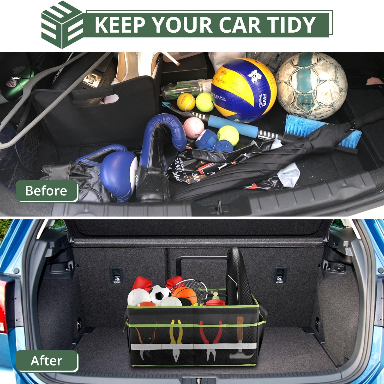 EYPINS Organizzatore Bagagliaio Auto, Portaoggetti Auto Impermeabile in Tessuto Oxford 600D, Pieghevole con 8 Tasche, Riflettore e Fondo Antiscivolo, 55x32.5x28 cm