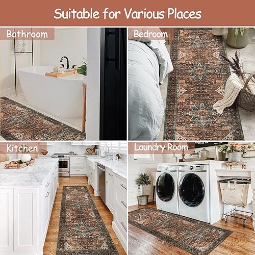 Vista 135 de Moynesa Alfombra de pasillo ultrafina lavable, vintage, de 2 pies 6 x 8 pulgadas, antideslizante, resistente a las manchas, resistente a