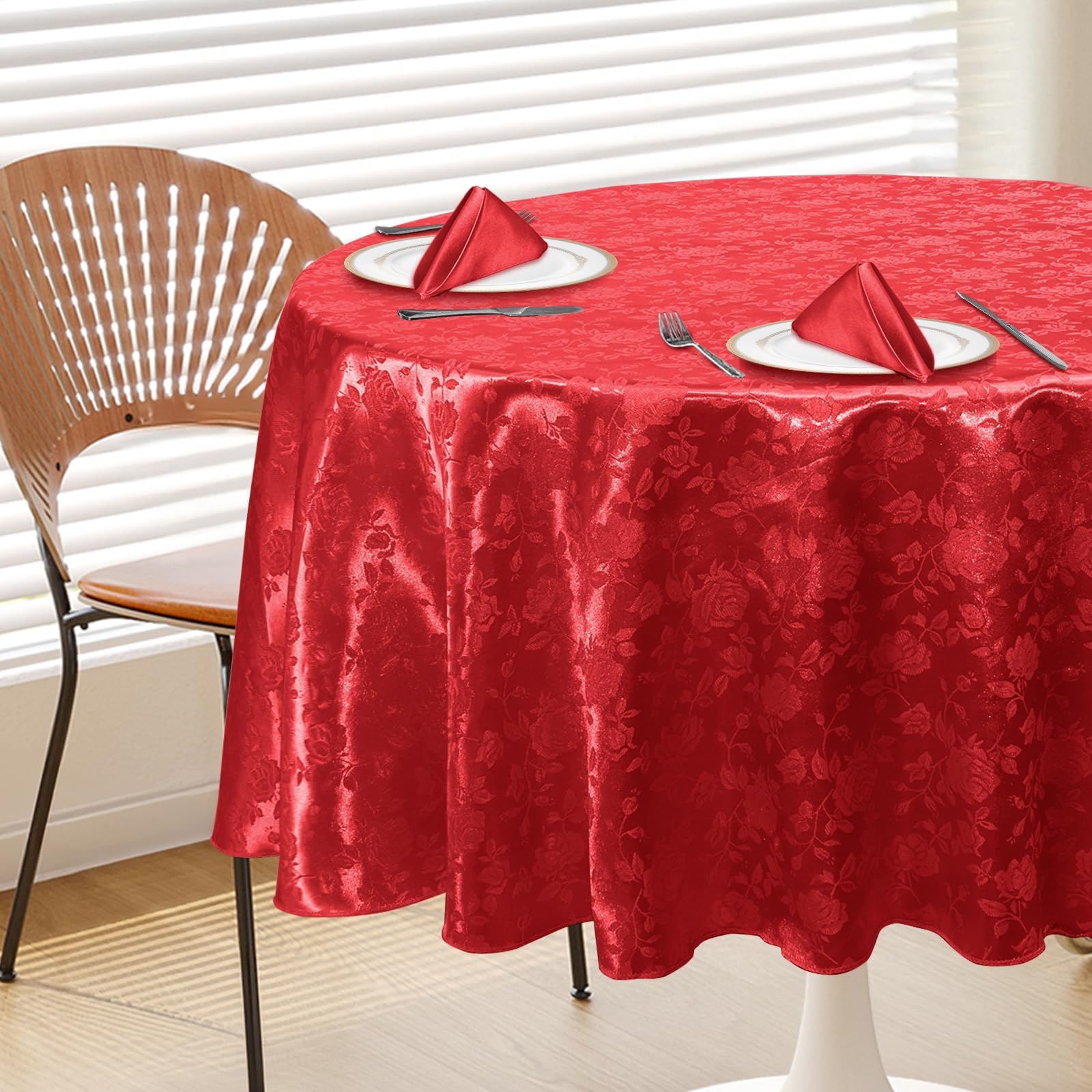 Red 90" Round Satin Tablecloth, Jacquard Stain Resistant Table Cloths Wrinkle Free Tablecloth, Silkly Soft Table Cover for Dining Room/Party/Wedding/Banquet/Events