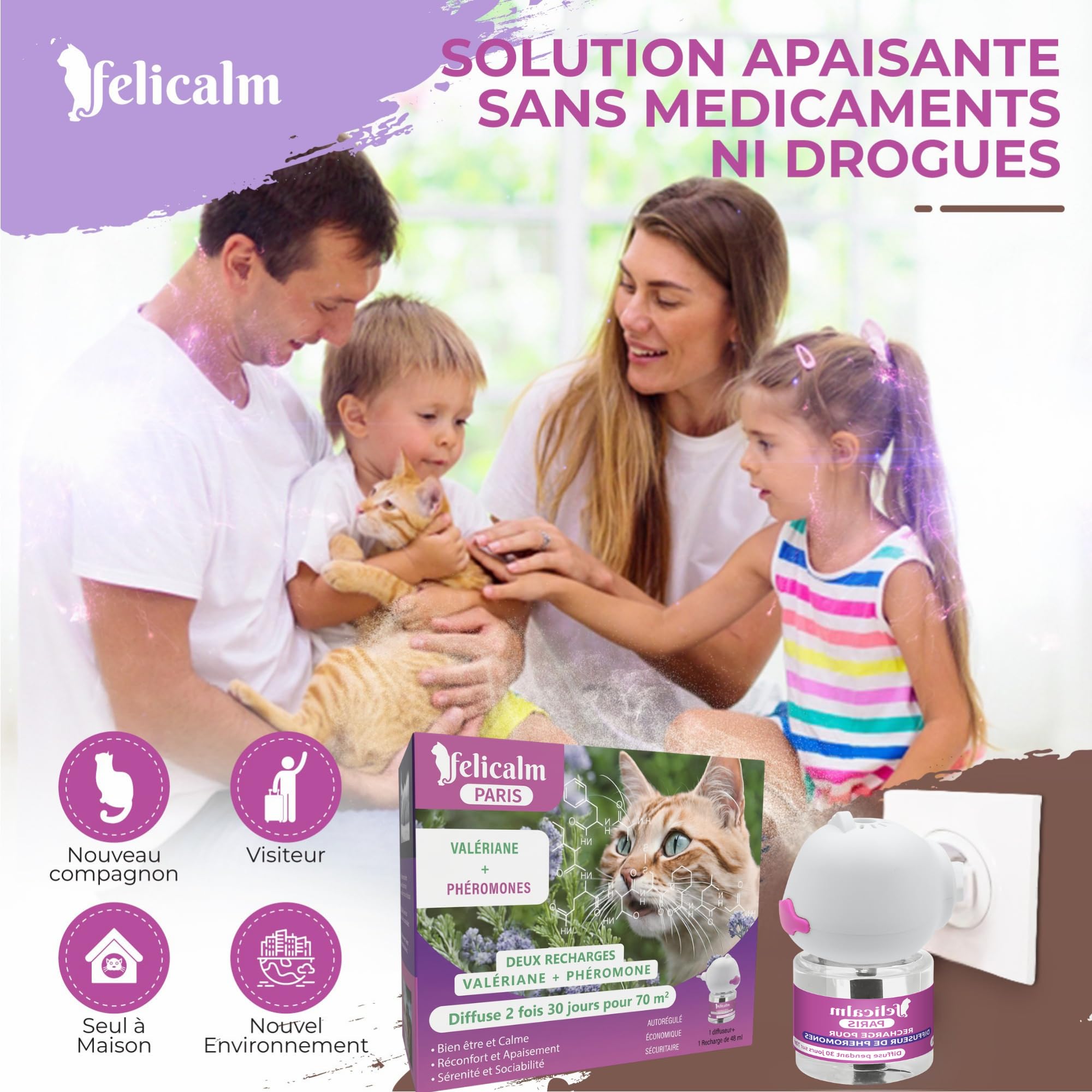 Diffuseur Chat Valériane + Phéromones sans Odeur- Double Action Apaisante, 2 Recharges 60 J de Calme