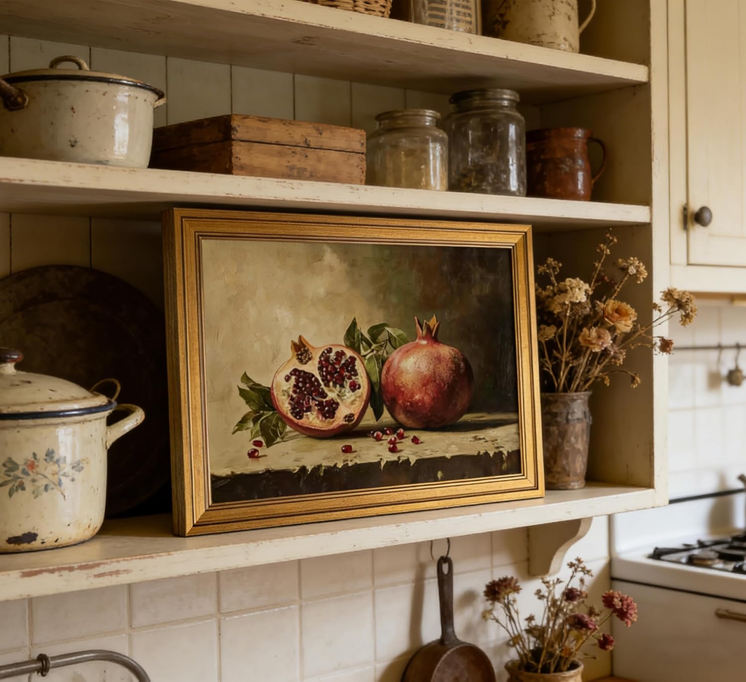 Gold Framed Vintage Pomegranate Wall Art Rustic Farmhouse Fruit Painting Picture Wall Decor Fruit Still Life Poster Print Artwork for Kitchen Dining Gallery Living Room Home Decoration