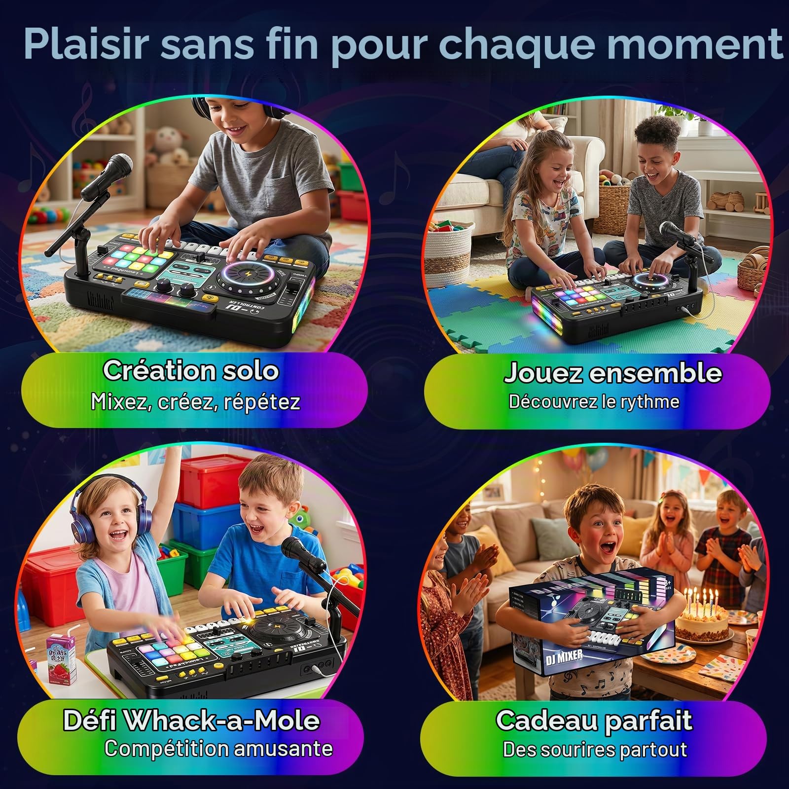 Table de mixage DJ multifonctionnelle pour enfants, avec microphone, plus de 100 effets sonores, batterie, contrôleur d'apprentissage de la musique interactif avec effets lumineux pour enfants de 3 à