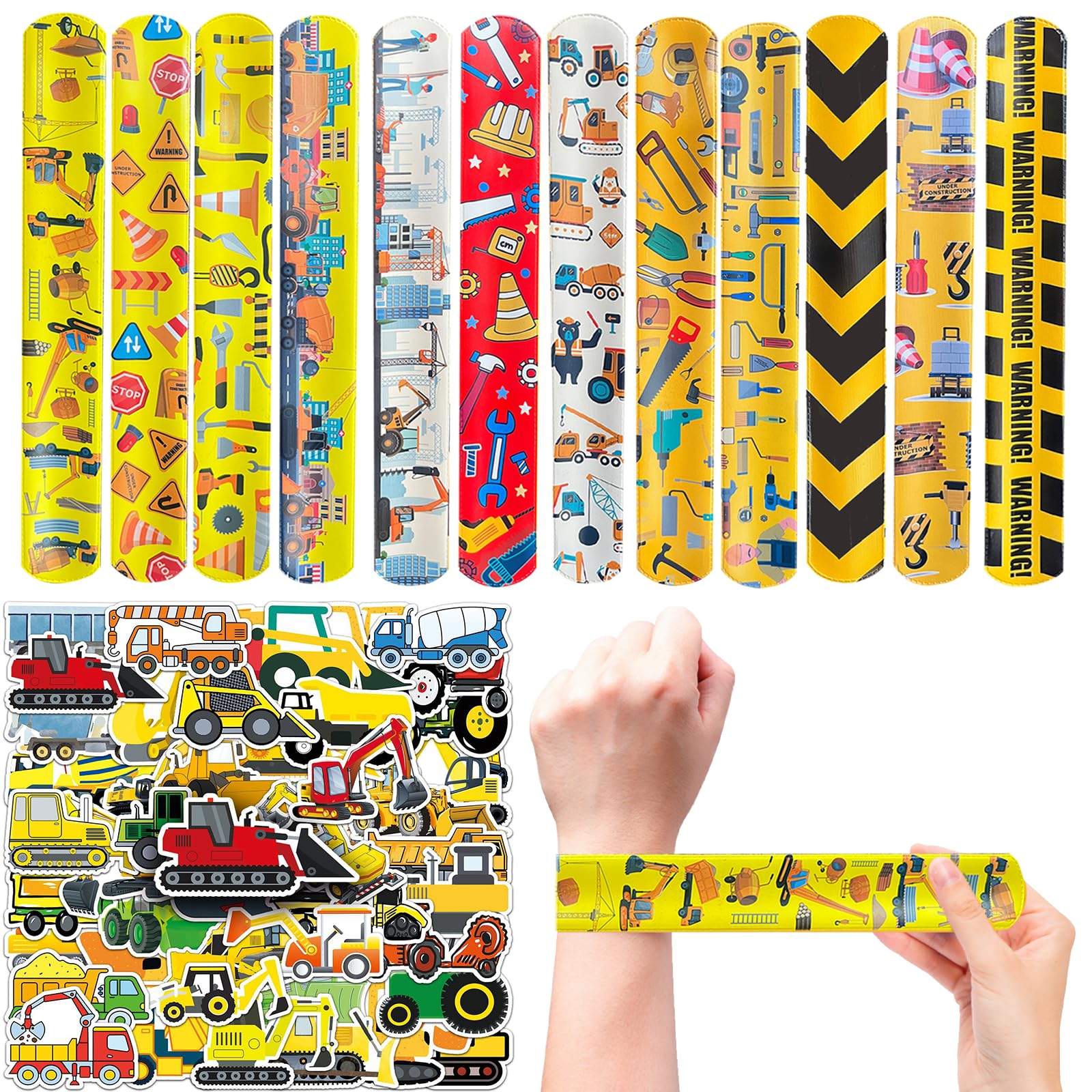 CZWXOXO 74Pcs Engineering Vehicle Theme Party Favors Contain 24 Pcs Engineering Vehicle Slap Bracelets 50Pcs Engineering Stickers, Birthday Party Decorations,Classroom Rewards Supplies.