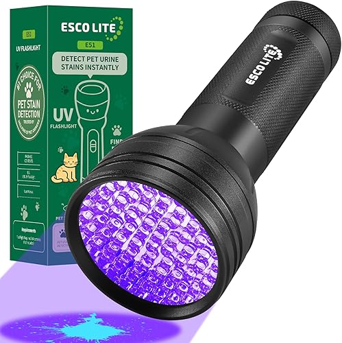 ESCO LITE Linterna UV con luz negra, 51 LED 395 nM, detector ultravioleta de luz negra para orina de perro, manchas de mascotas y chinches de cama
