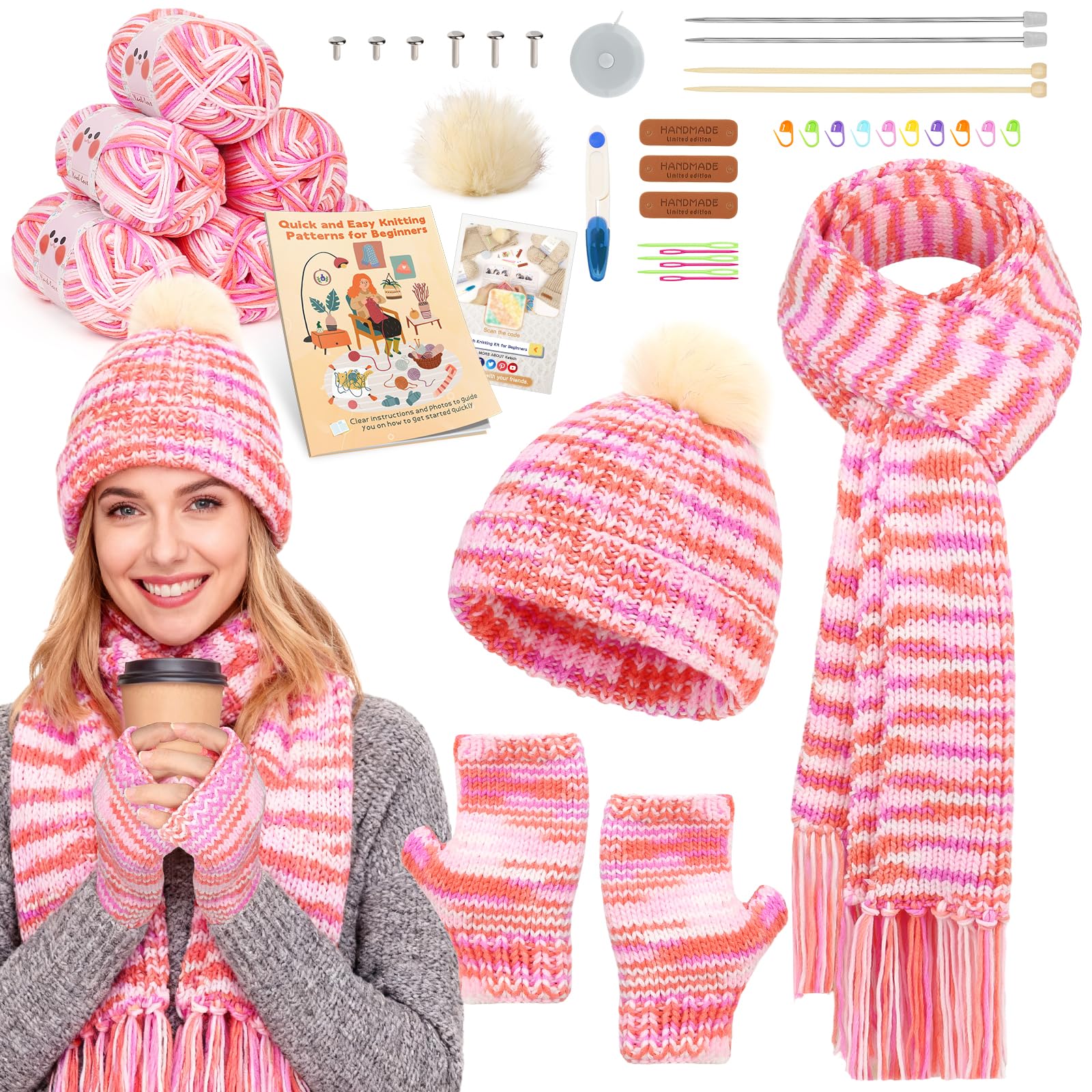 Reessy Knitting Kit, Knitting Set for Beginners Adults with Step-by-Step Video Tutorials, Knitting Needles, Yarn, Accessories, Complete 3-in-1 Knitting Kits for Adults-Make Warm Hat Scarve Gloves-Pink