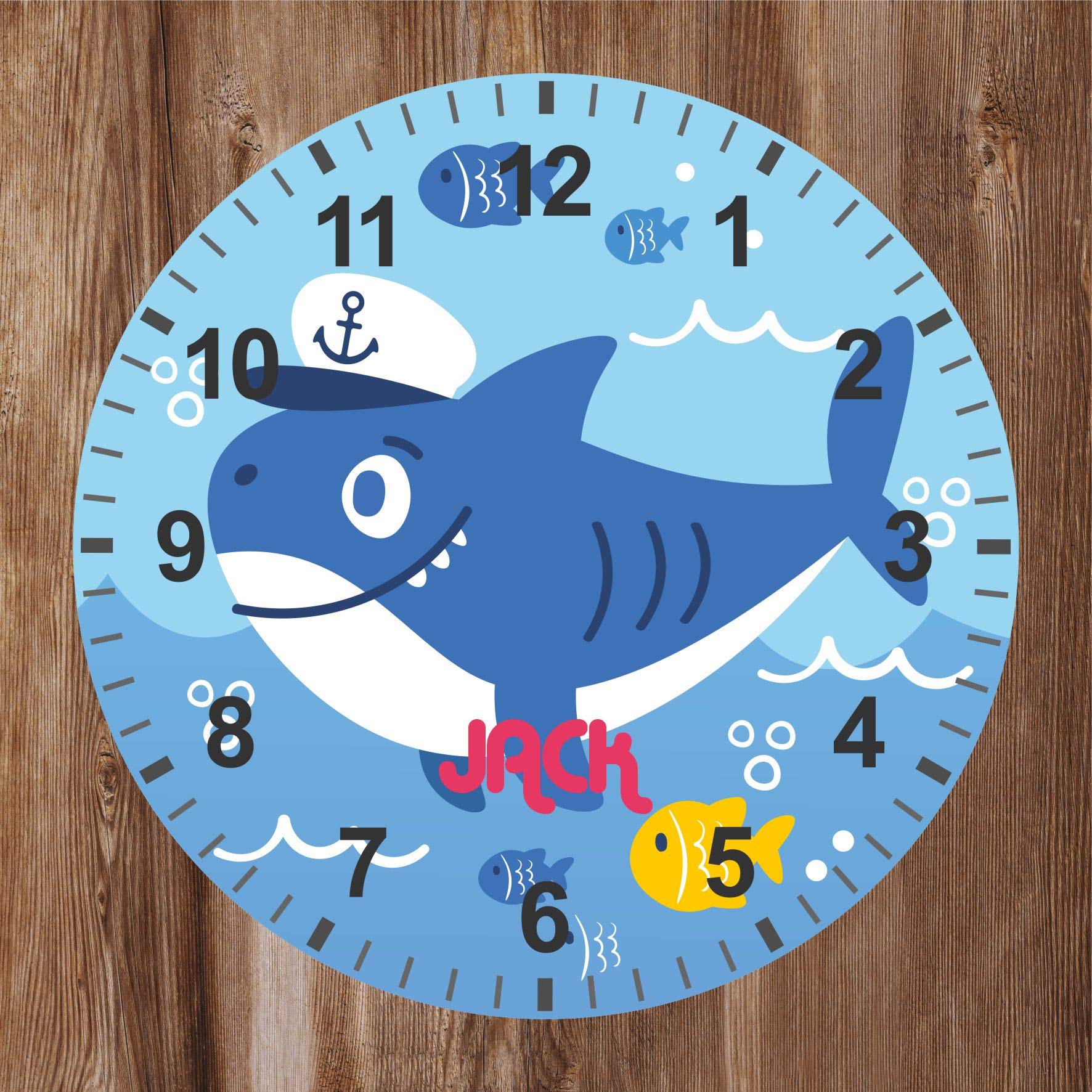Precision Designs Under The Sea - Kids Shark Clock - Personalised with Any Name - Size 25cm Wall Mountable - Unique Gift