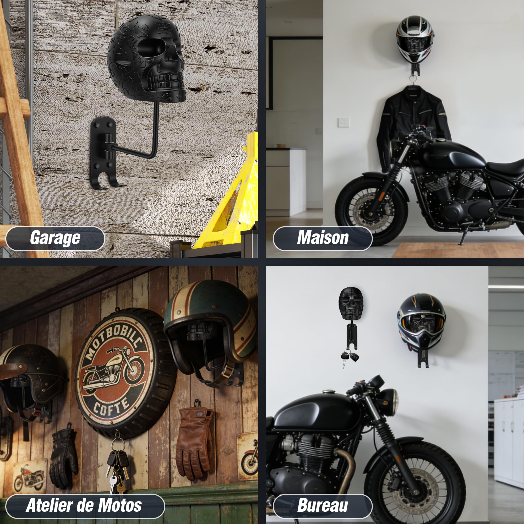 Support Casque Moto, Porte Casque Moto Mural Squelette, Tête de Mort Métal Rotation à 180°, Support Crochet Organisateur Mural pour Ranger Vos Équipements de Moto, Football, Rugby, Noir
