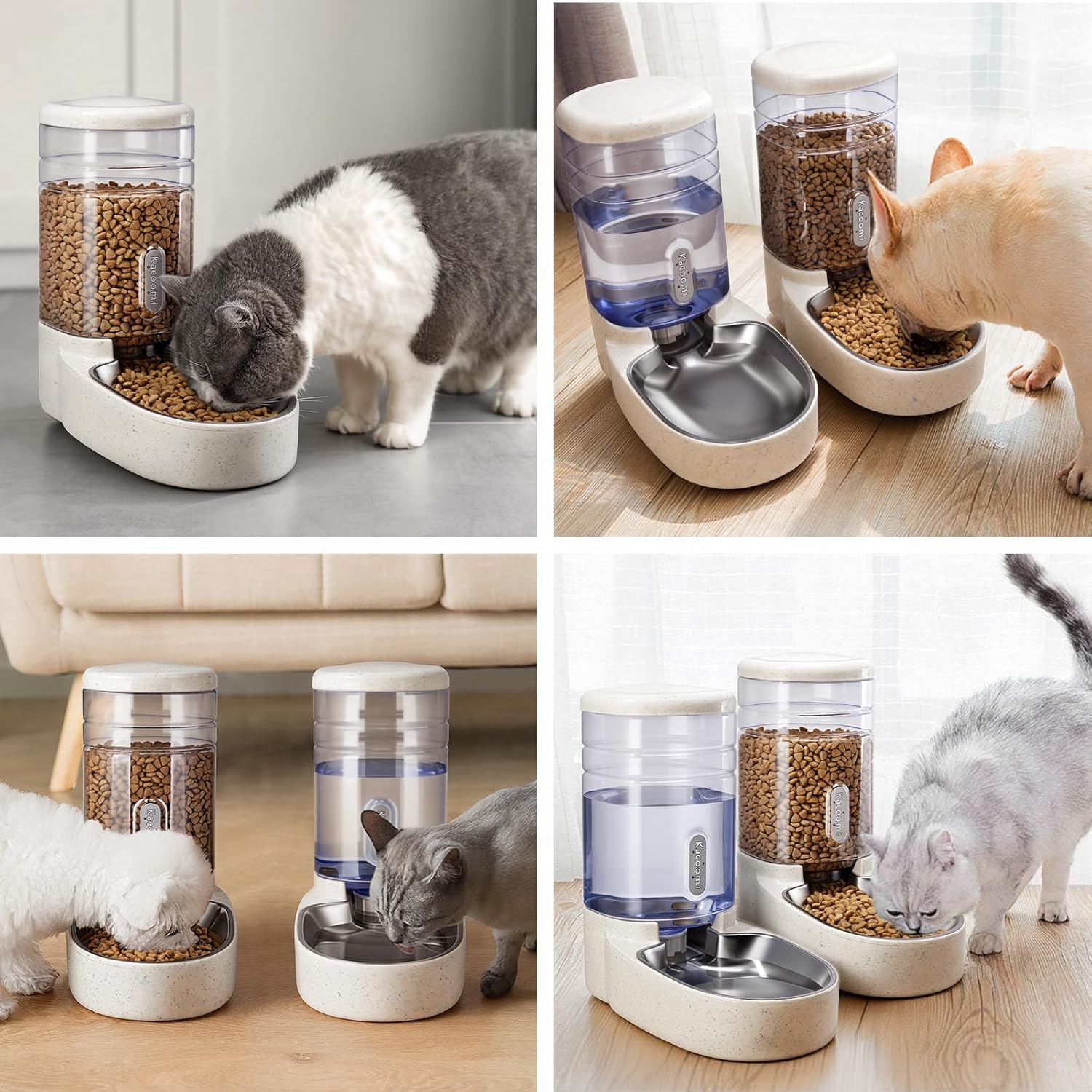 Automatic Cat Feeder and Water Dispenser with Stainless Steel Bowl Gravity Food Feeder and Waterer Set for Small Medium Dog Puppy Kitten 1 Gallon x 2(Beige)