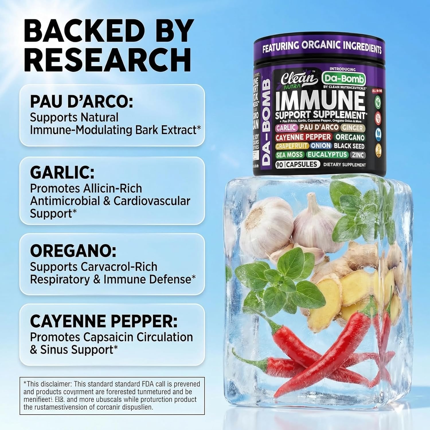 Organic Immune Support with PAU D'Arco Garlic Cayenne Pepper Oregano Ginger Grapefruit Onion Black Seed Sea Moss Black Pepper Zinc Eucalyptus Vitamin C Vitamin D Organic Soursop By Clean Nutra