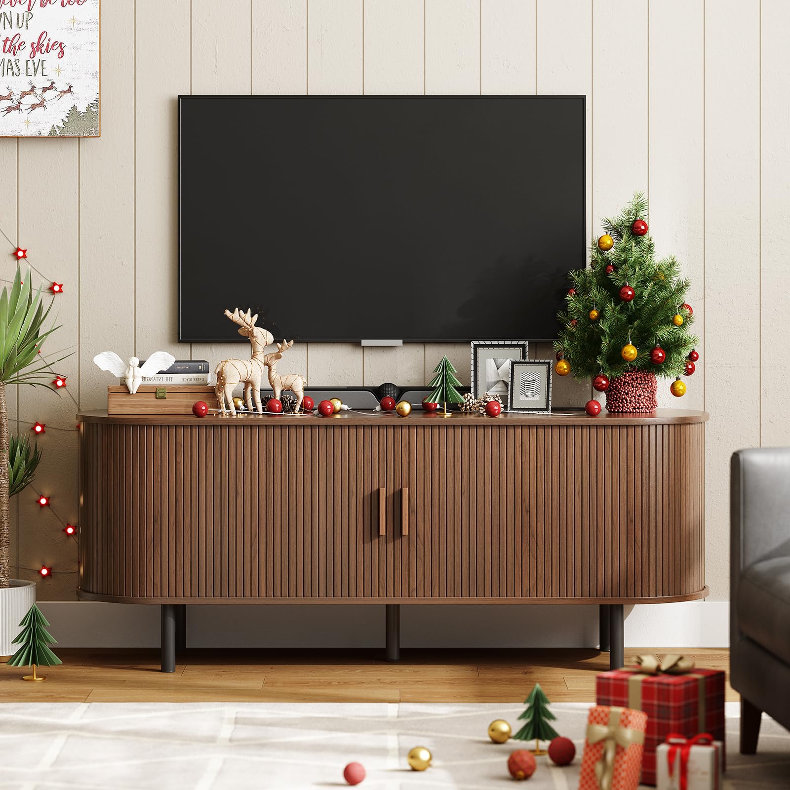 ONBRILL 55" TV Stand with Power Outlet for TVs up to 60 Inch, Entertainment Center with Storage and Adjustable Shelves, Modern Media Console with Sliding Doors for Living Room, Walnut