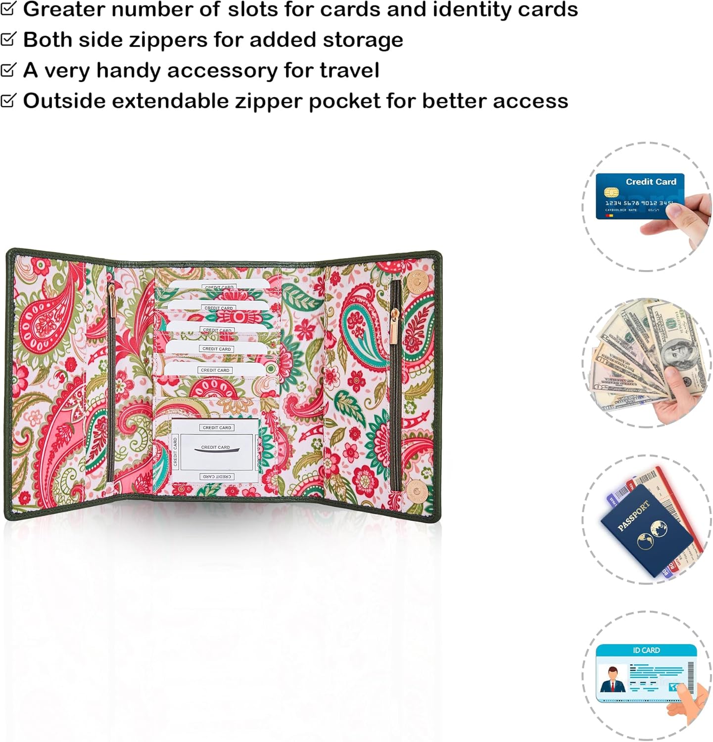 Hand Crafted Nylon Fabric Printed Trifold Wallet Card Holder – Women’s Organizer with Leather Trim