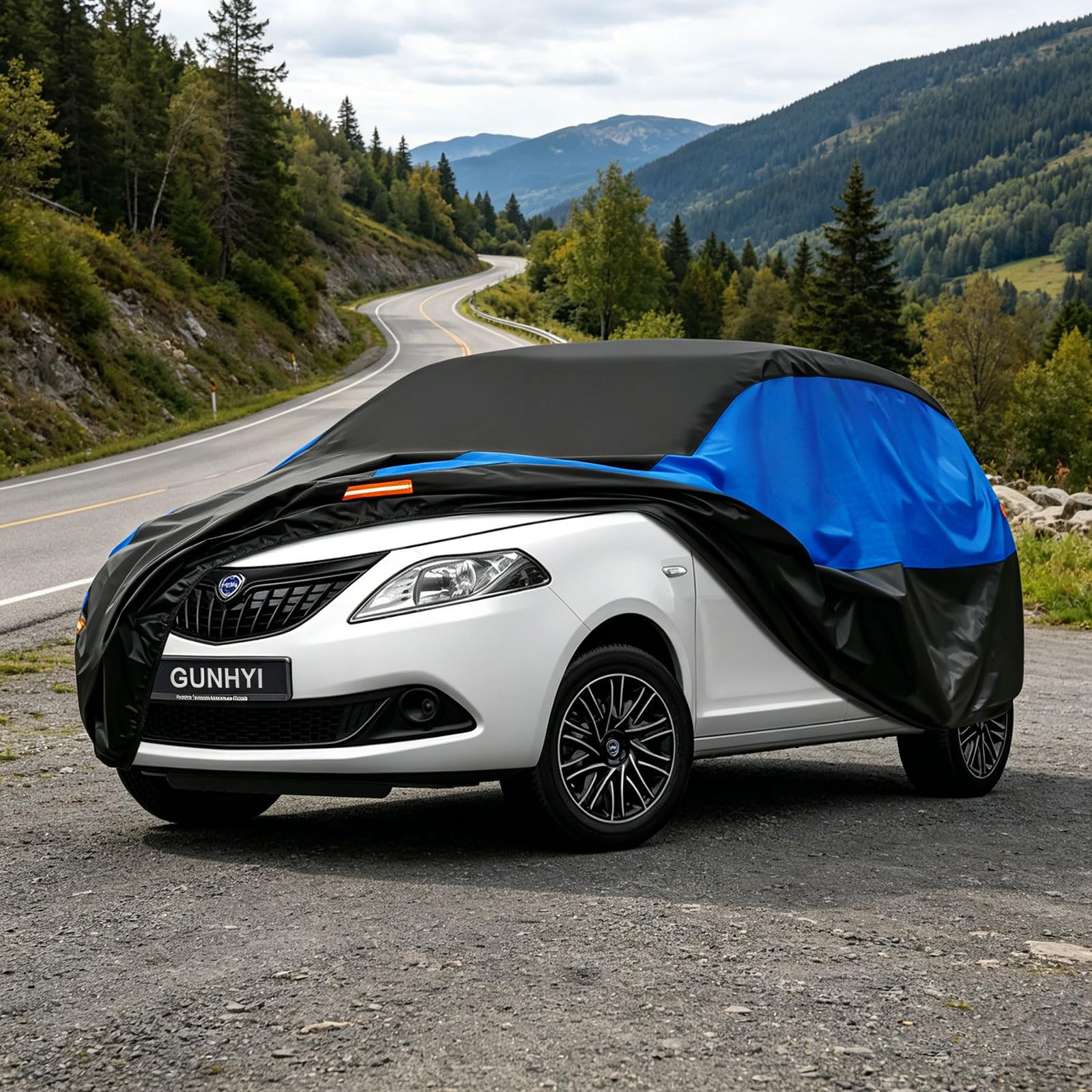 Copriauto Gunhyi Impermeabile e Traspirante, Telo per Lancia Ypsilon, Copriauto Nero e Blu, Telo da Garage Completo per Proteggere Dalla Pioggia.