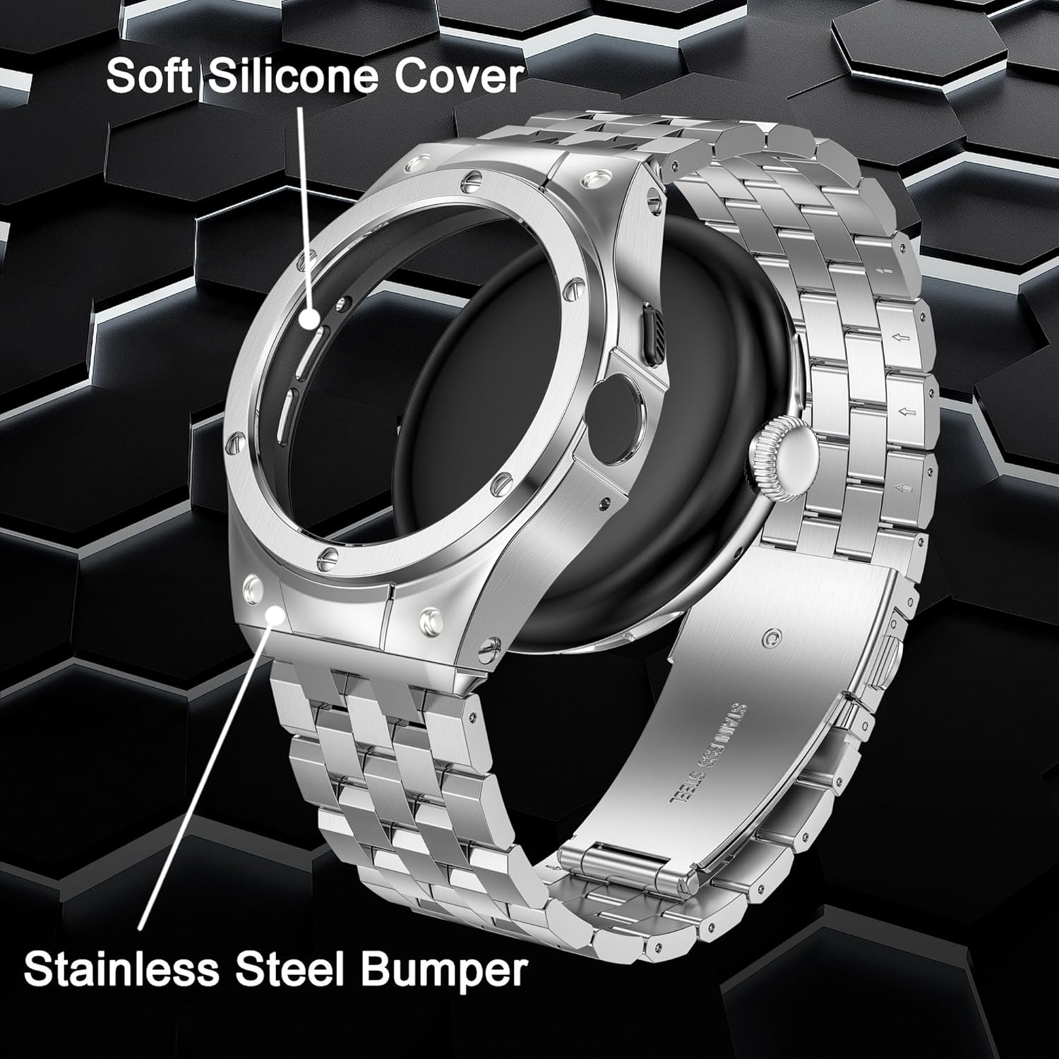 Stainless Steel Case with Band Compatible for Google Pixel Watch 3 45mm /Pixel 3/2/1 41mm, Rugged Metal Wristband Strap with Protector Bumper Cover for Men