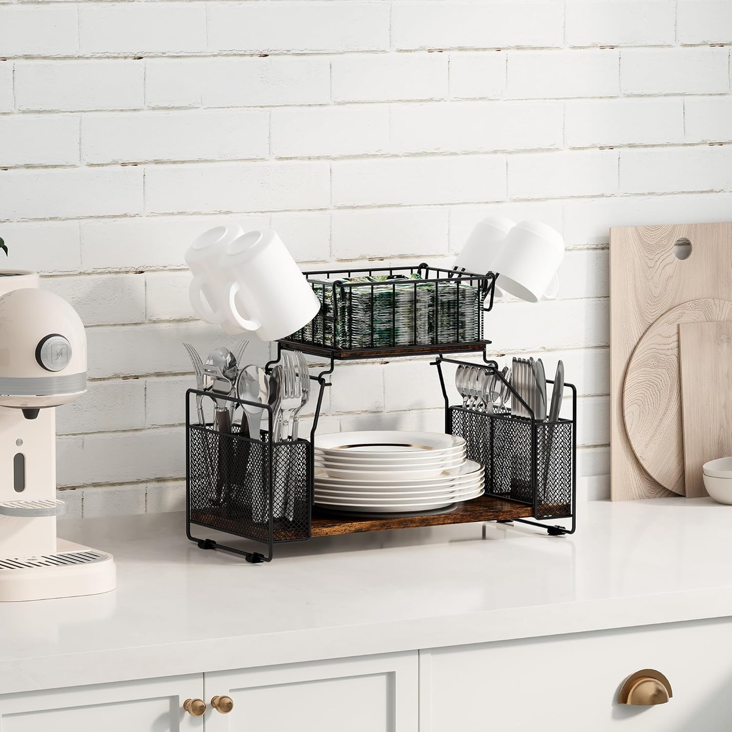 TQVAI Buffet Caddy, 2 Tier Countertop Paper Plate Organizer with Silverware Holder Mugs Hook Napkin Basket, Serving for Catering Supplies Buffet Display Hosting Thanksgiving Essentials, Black/Antique