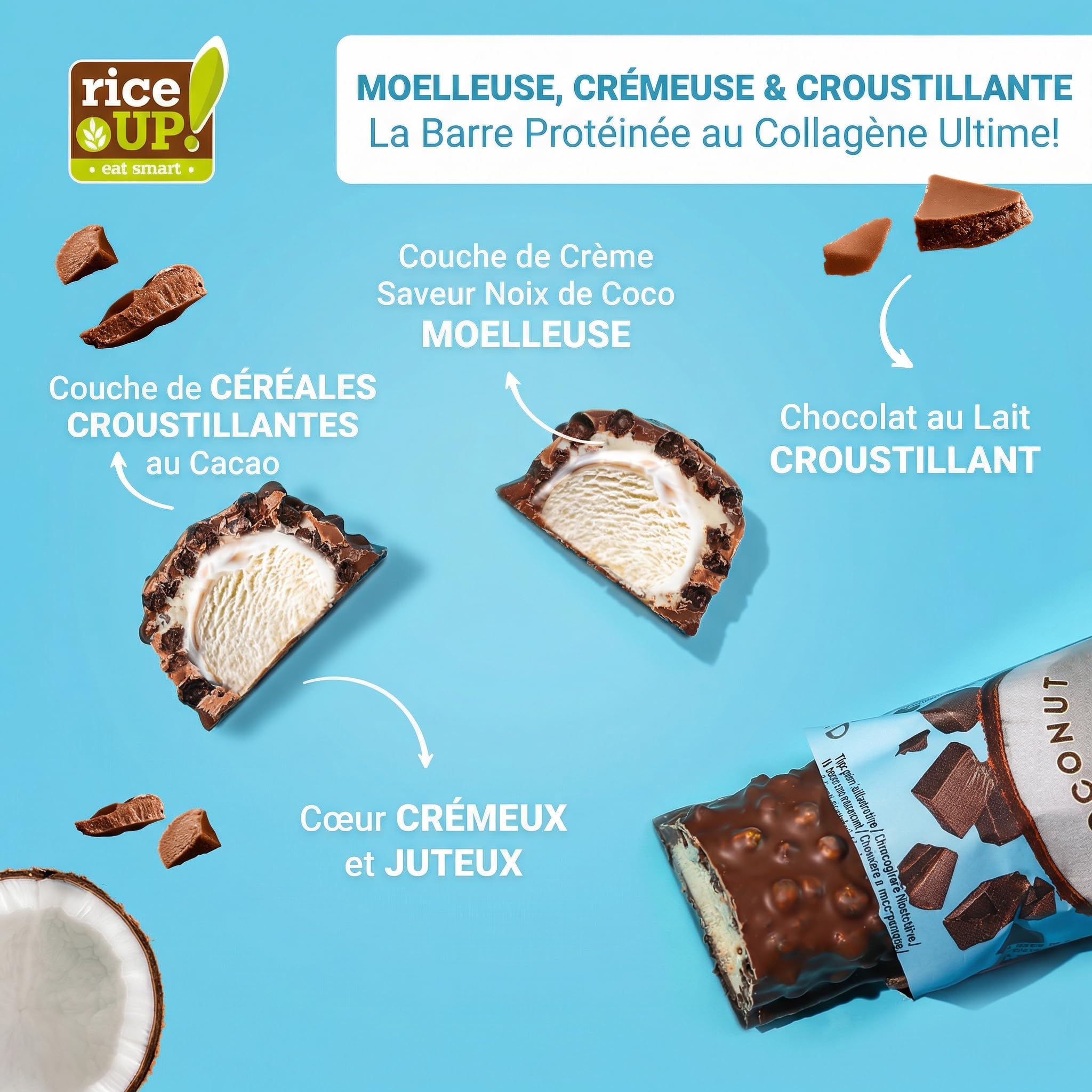 RiceUP! Barre Protéinée Noix de Coco au Collagène – 30% Protéines, 6000 mg Collagène Type I & III, Sans Sucre Ajouté, Moins de 215 kcal – Snack Protéiné 12 x 42 g