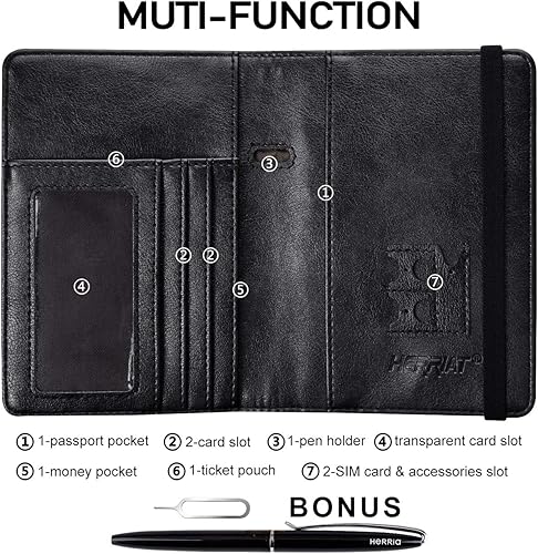 Miniatura 3 de HERRIAT - Portapasaportes de cuero auténtico, con bloqueo RFID para viaje, con compartimento para documentos de identificación, billetera de viaje,