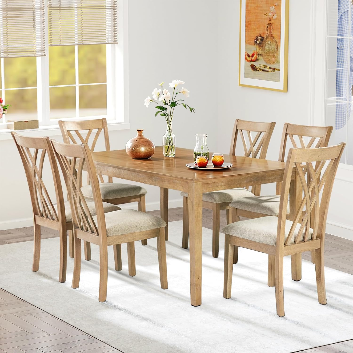 7-Piece Solid Wood Dining Table Set with 6 Upholstered