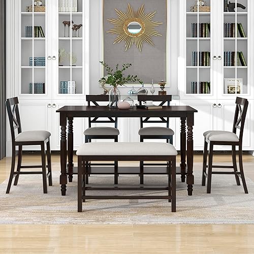 Juego de mesa de comedor de cocina de 6 piezas mesa de comedor rectangular de madera con 4 sillas y un banco juego de comedor para 6 personas