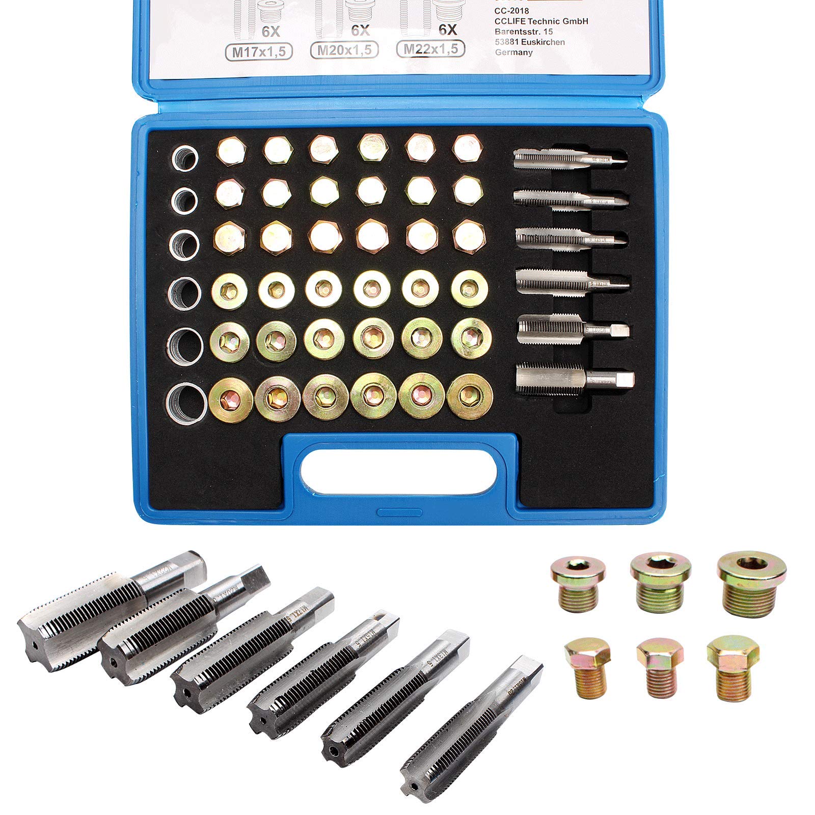 CCLIFE 114 Pezzi Attrezzi per Riparazione Filettatura Auto, Kit di Riparazione per coppa dell'olio M13 - M22, per la Riparazione della coppa