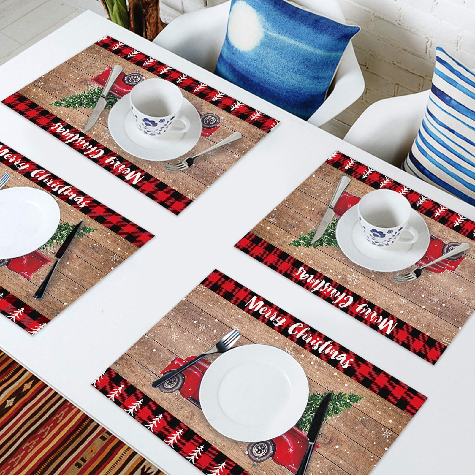 6 Weihnachts-Platzsets – Design LKW Mit Weihnachtsbaum, 30,5x45,7 Cm, Wasserabweisend, Rutschfest