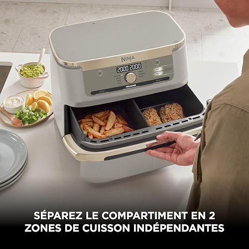 Ninja Foodi FlexDrawer Air Fryer, Dual Zone Avec Séparateur Amovible, Grand Tiroir de 10.4 L, 7-en-1, Double Zone, Sans Huile, Pièces Antiadhésives Compatibles Au Lave-Vaisselle, Stone/Or AF500EUSD - 5