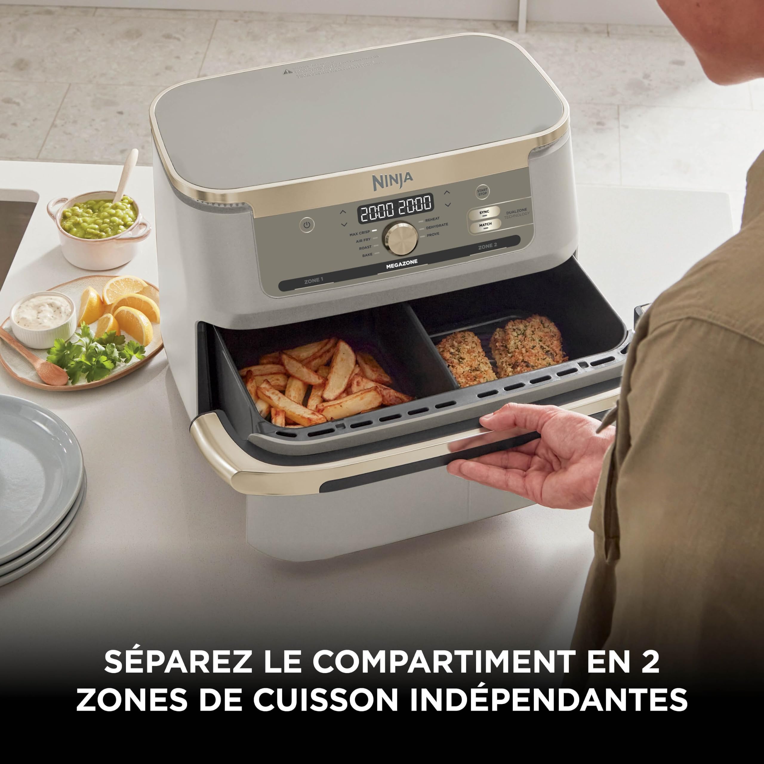 Ninja Foodi FlexDrawer Air Fryer, Dual Zone Avec Séparateur Amovible, Grand Tiroir de 10.4 L, 7-en-1, Double Zone, Sans Huile, Pièces Antiadhésives Compatibles Au Lave-Vaisselle, Stone/Or AF500EUSD