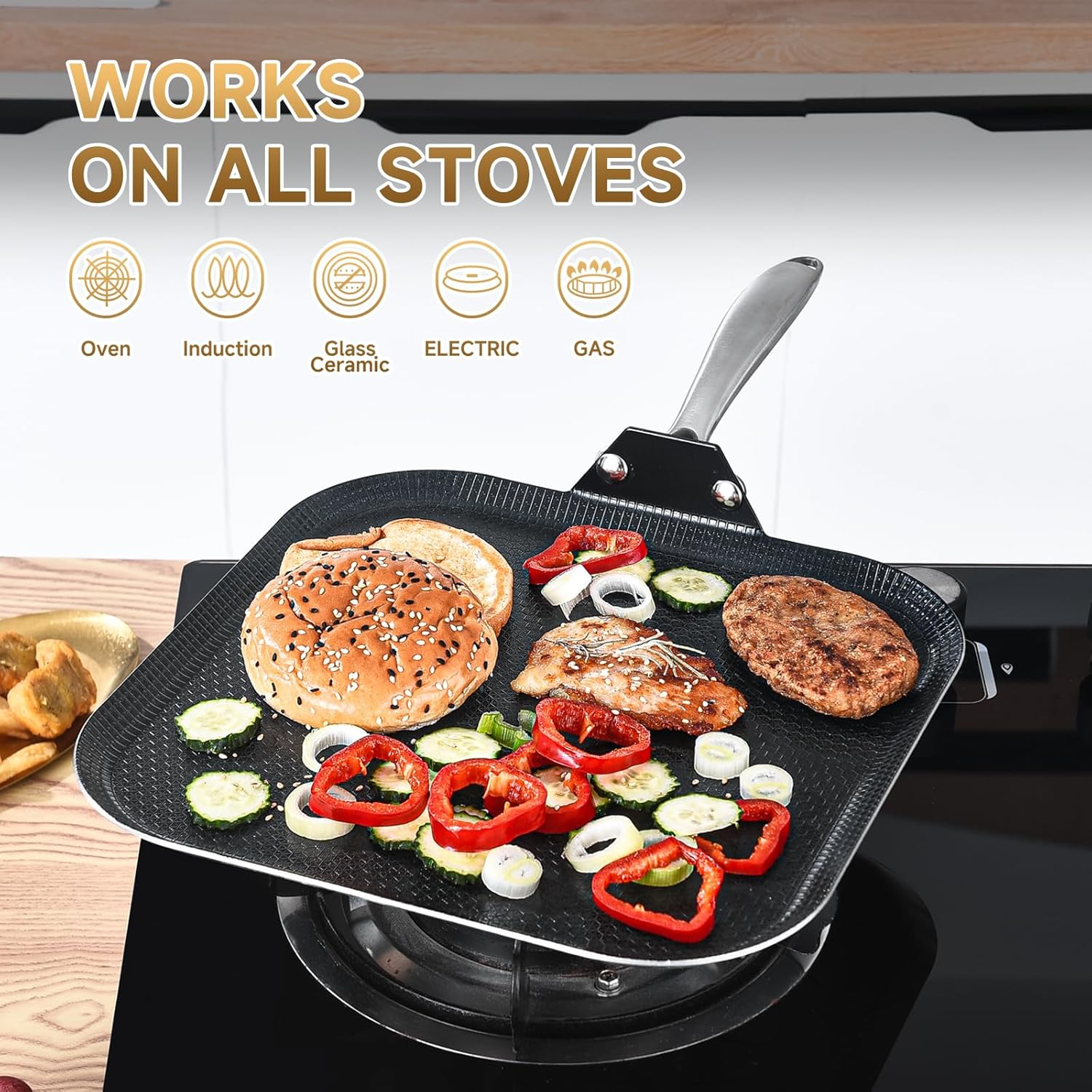 LOLYKITCH 11" Nonstick Square Griddle Pan - Tri-Ply Stainless Steel Flat Skillet for Pancakes - Ceramic Coating Griddle & Comal - Induction Ready Grill Frying Pan, Riveted Handle, PFOA Free