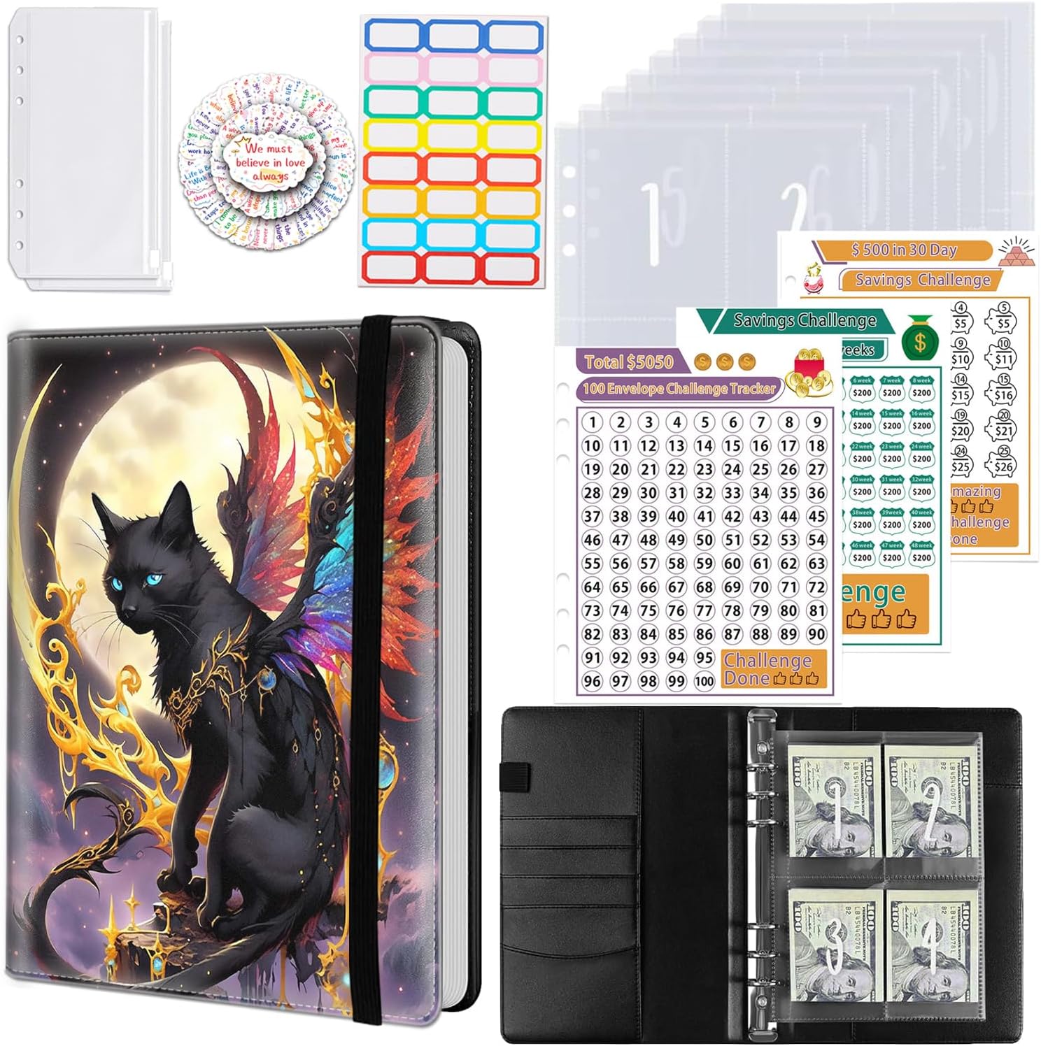 100 Envelopes Money Saving Challenge, A5 Budget Binder with Cash Envelopes & 3 Budgeting Planner Trackers to Save $5,050 Money ，Savings Challenge Book for Organizer, Black Cat Lunar Eclipse