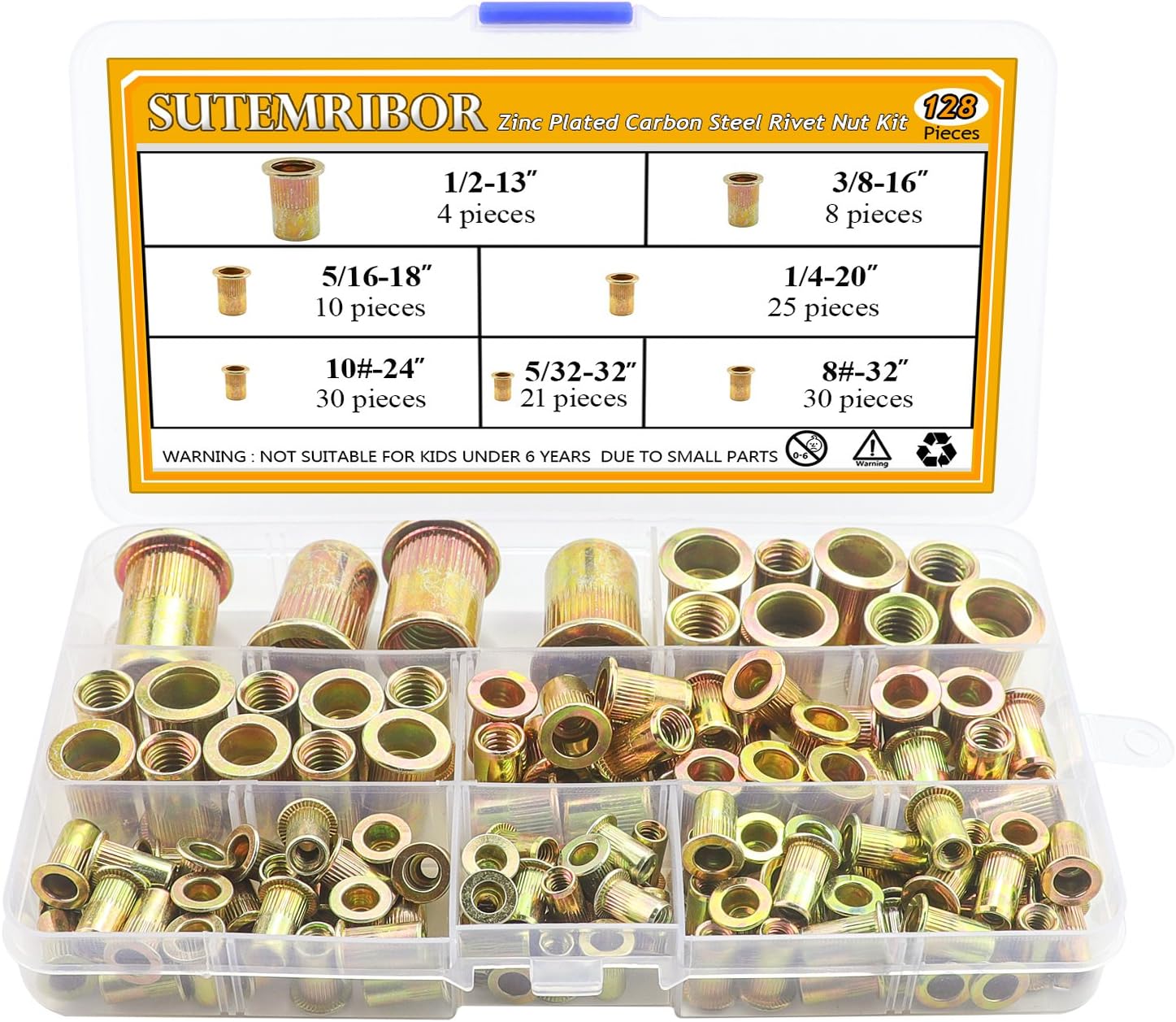 Sutemribor 128-Pack #8-32UNC #10-24UNC 5/32"-32UNC 1/4"-20UNC 5/16"-18UNC 3/8"-16 UNC Zinc Plated Carbon Steel Rivet Nut Flat Head Insert Nuts Assortment