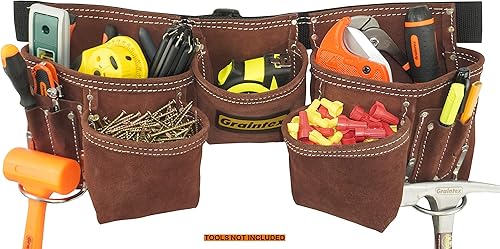 Miniatura 8 de Graintex Cinturón de herramientas de cuero de gamuza profesional de 11 bolsillos, bolsa de herramientas color marrón café, cinturón de correas de 2