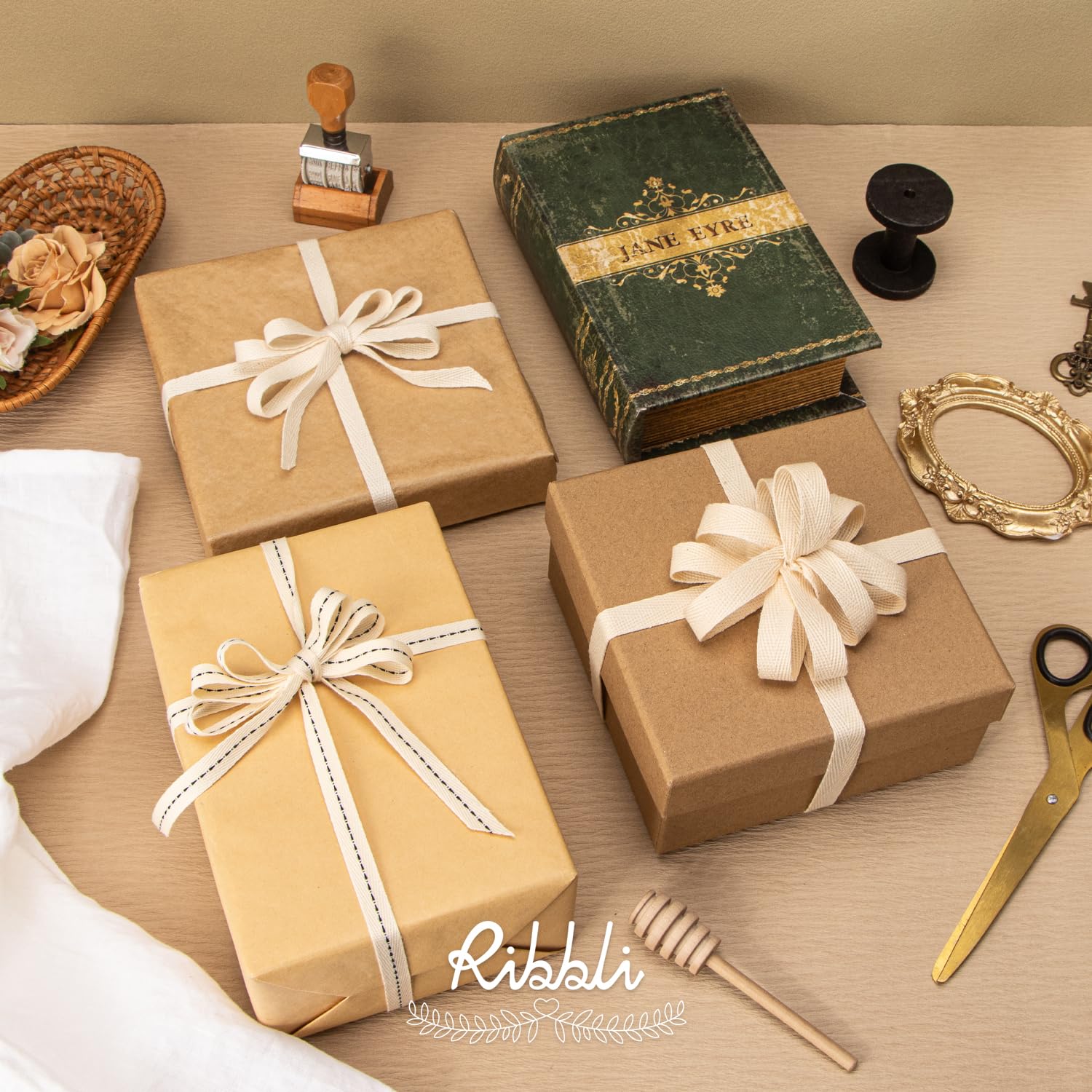 Ribbli Cinta de sarga de algodón, carrete de 3/8 pulgadas x 10 yardas, natural/negro, cinta cosida 100% algodón, uso para envolver regalos, decoración del hogar, decoración floral