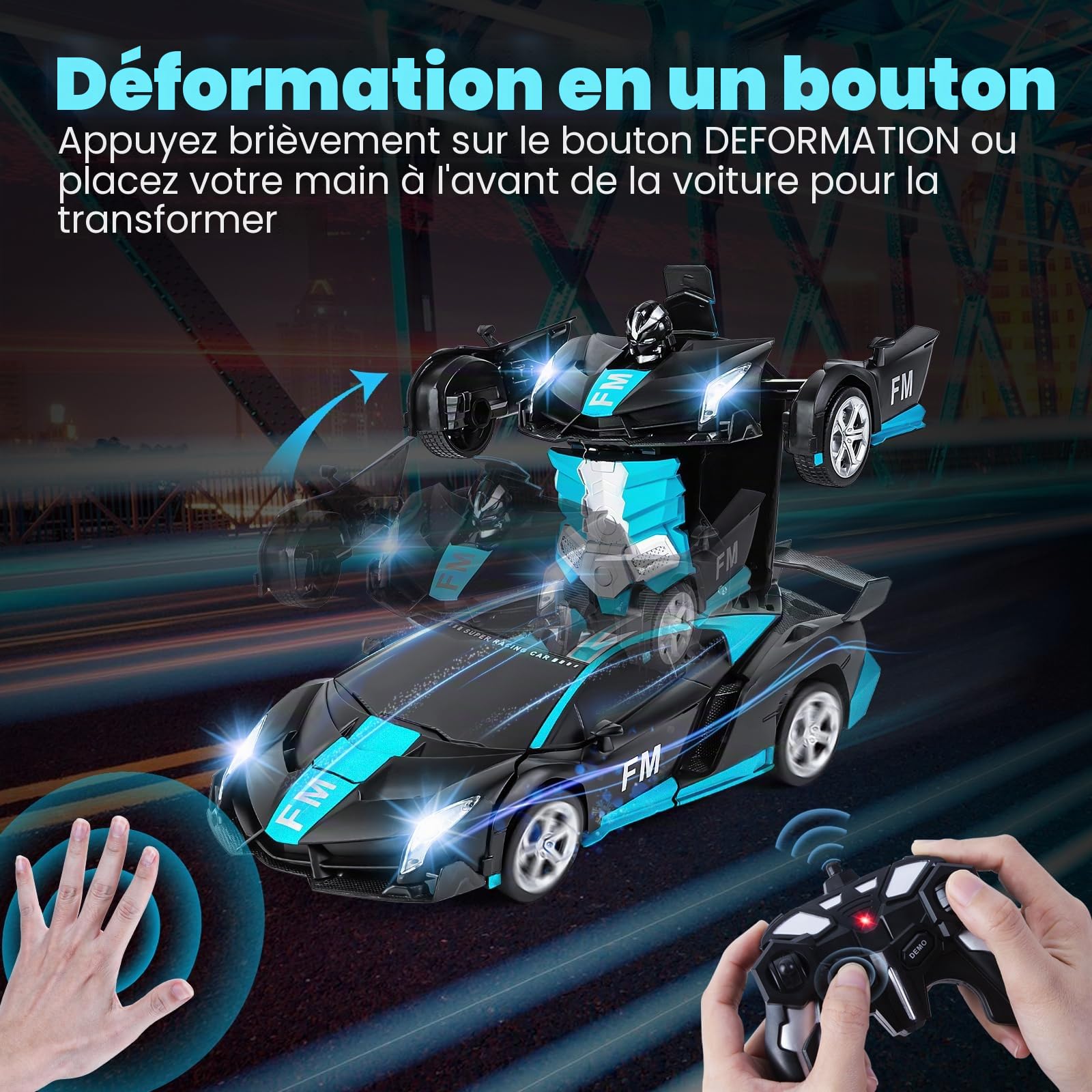 Transform Jouet, Voiture Télécommandée Robot avec Capteur Gestuel pour Garçons Filles 3 4 5 6 7 8 9 10 Ans, 2,4GHz Transformable Robot Car avec Piles, Effets Sonores et Lumineux, Bleu-Noir