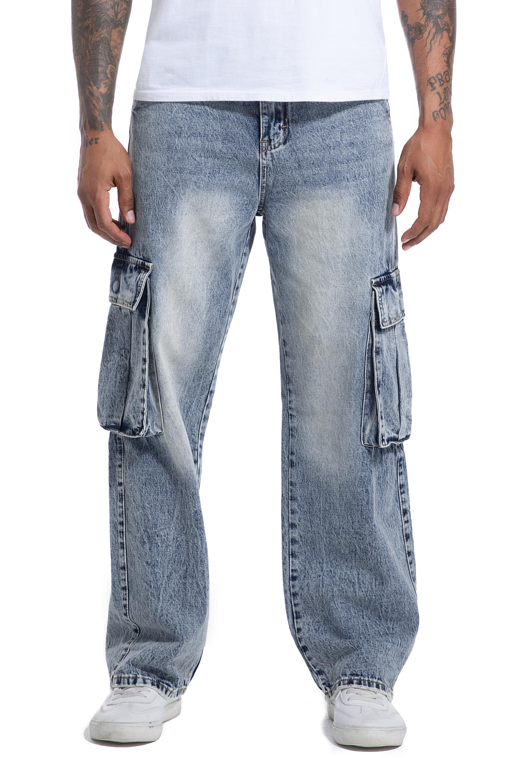 MZNBURAM Men's Non-Stretch Loose Fit Wide-Leg Baggy Cargo Jeans Pants
