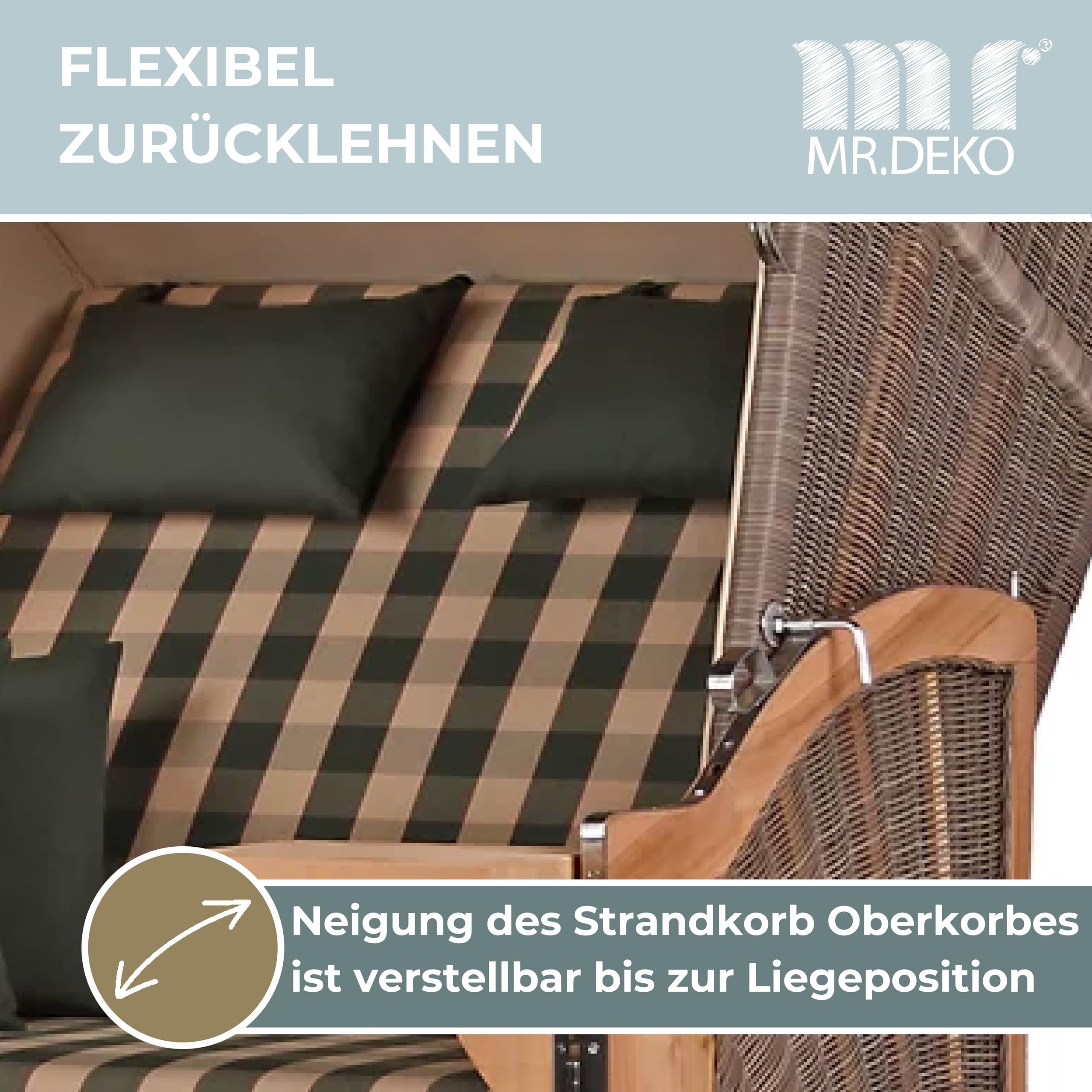 MR. DEKO® Strandkorb Seeblick 2-Sitzer Teakholz | PE Geflecht Grey | Volllieger verstellbar mit Fußablage | inkl. 4 Kissen + Wechselpolster | Strandkörbe Teak fertig montiert Strandstuhl (Dessin 506)