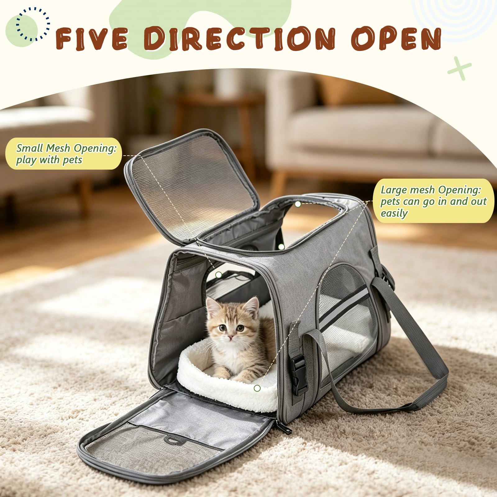 Romon Transportín Gato Perro, Transportin Pequeño Cat Carrier, Bolsa Transporte Transpirable para Mascotas con Colchón Suave, Plegable Bolso Gatos Cachorros Gatitos de 6Kg, 17.3x11x9.8 Inch, Gris