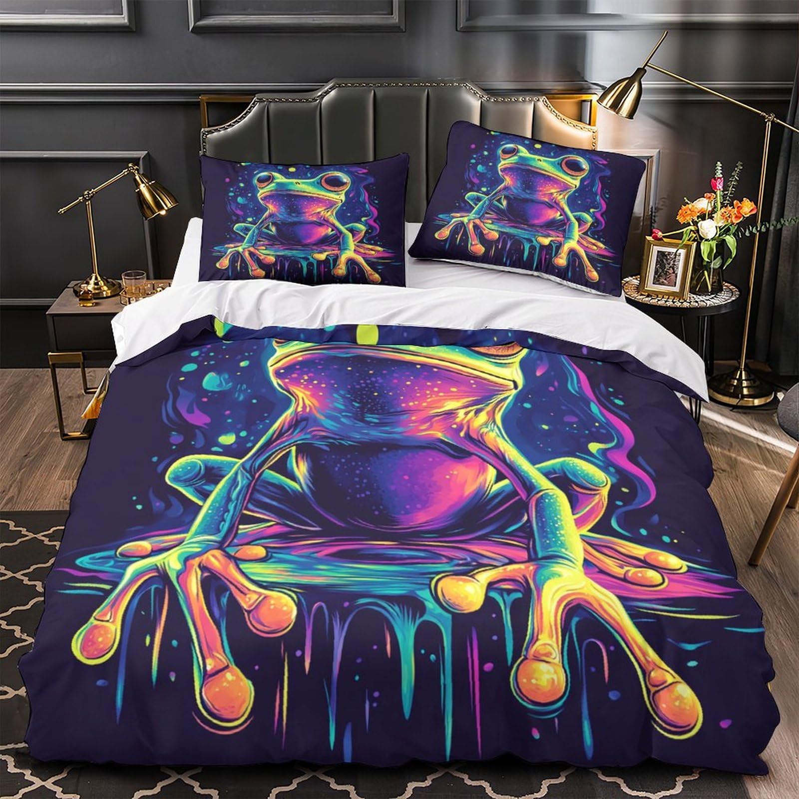 Housse de couette grenouille néon 3D microfibre hypoallergénique 260x220cm taies anti-décoloration