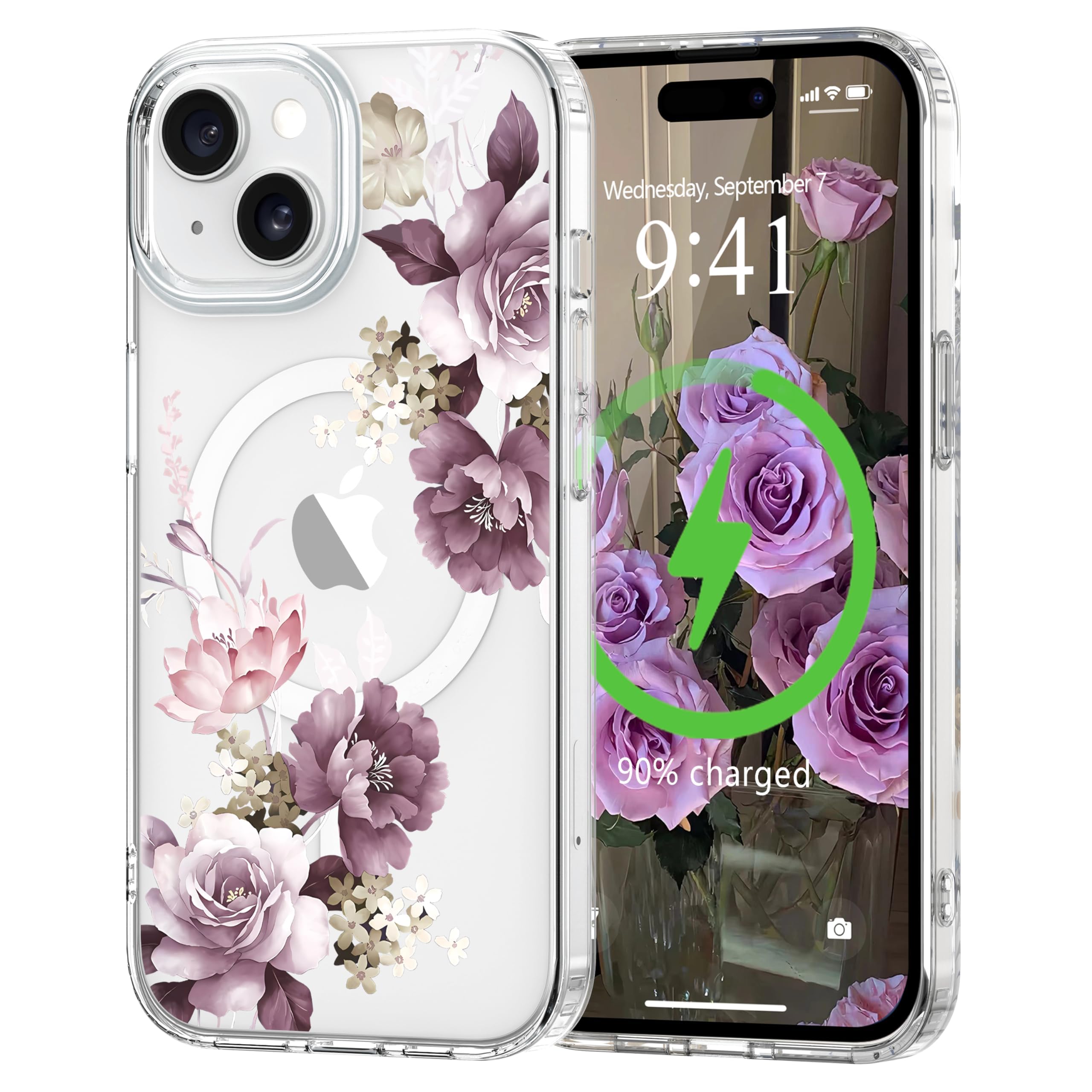 L-FADNUT for iPhone 15 Case [Compatible with Magsafe], Cute Flower Girls Women Clear Case Silicone Shockproof Protective Cover with Pretty Floral