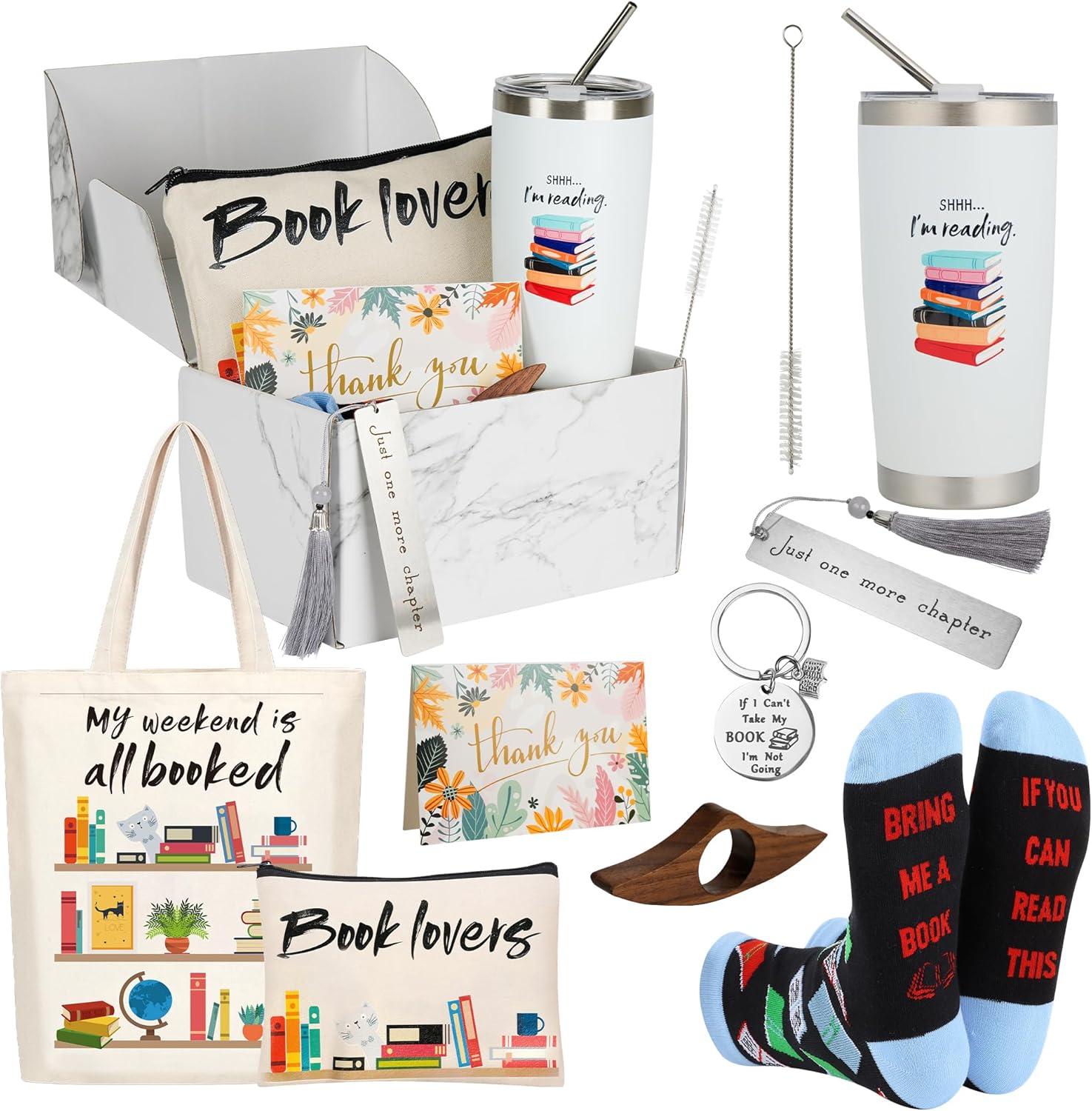 Kolewo4ever 11 Pieces Book Lovers Gifts Box Set Insulated Tumbler,Tote Bag,Makeup Bag,Socks,Keychain,Bookmark,Flipper